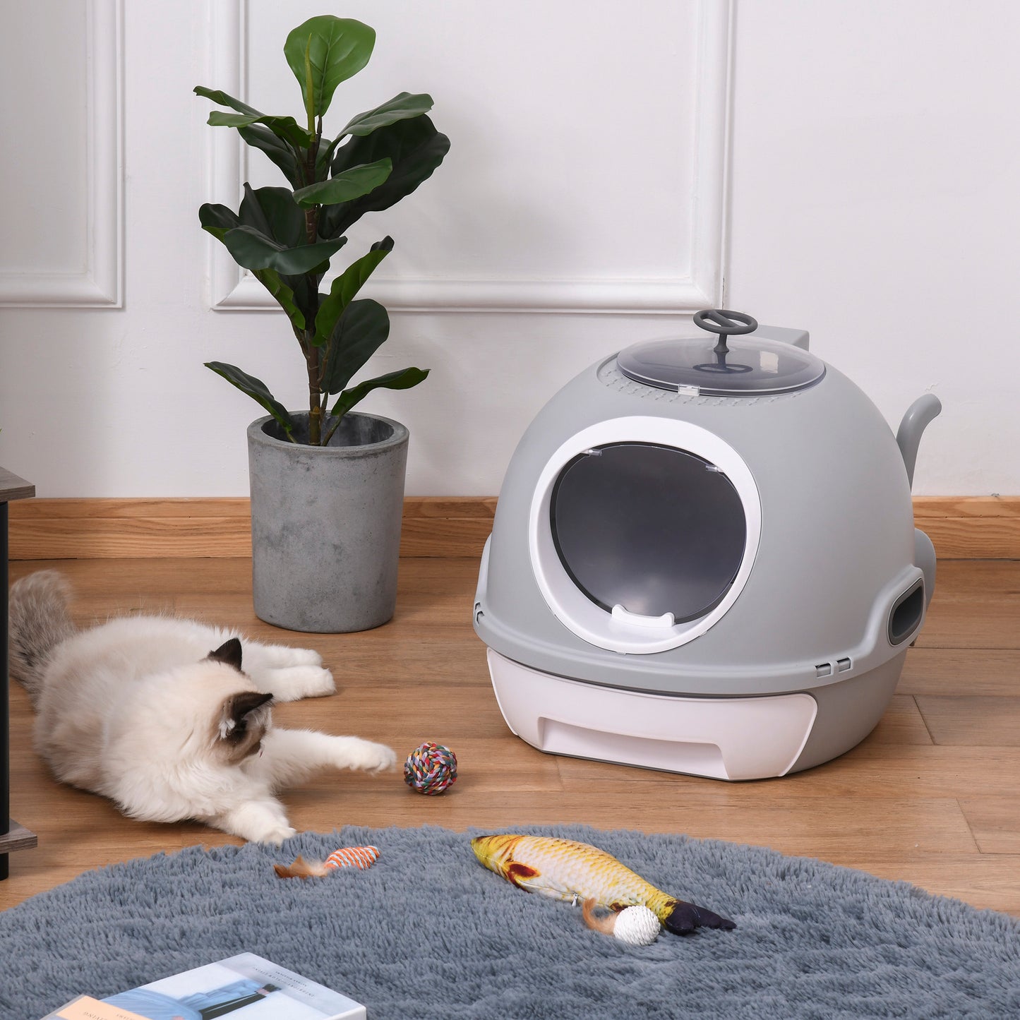 Cat Litter Box Toilet with Lid, Covered Litter Box with Scoop, Enclosed Drawer and Skylight, Grey Cat Litter Box Enclosures   at Gallery Canada