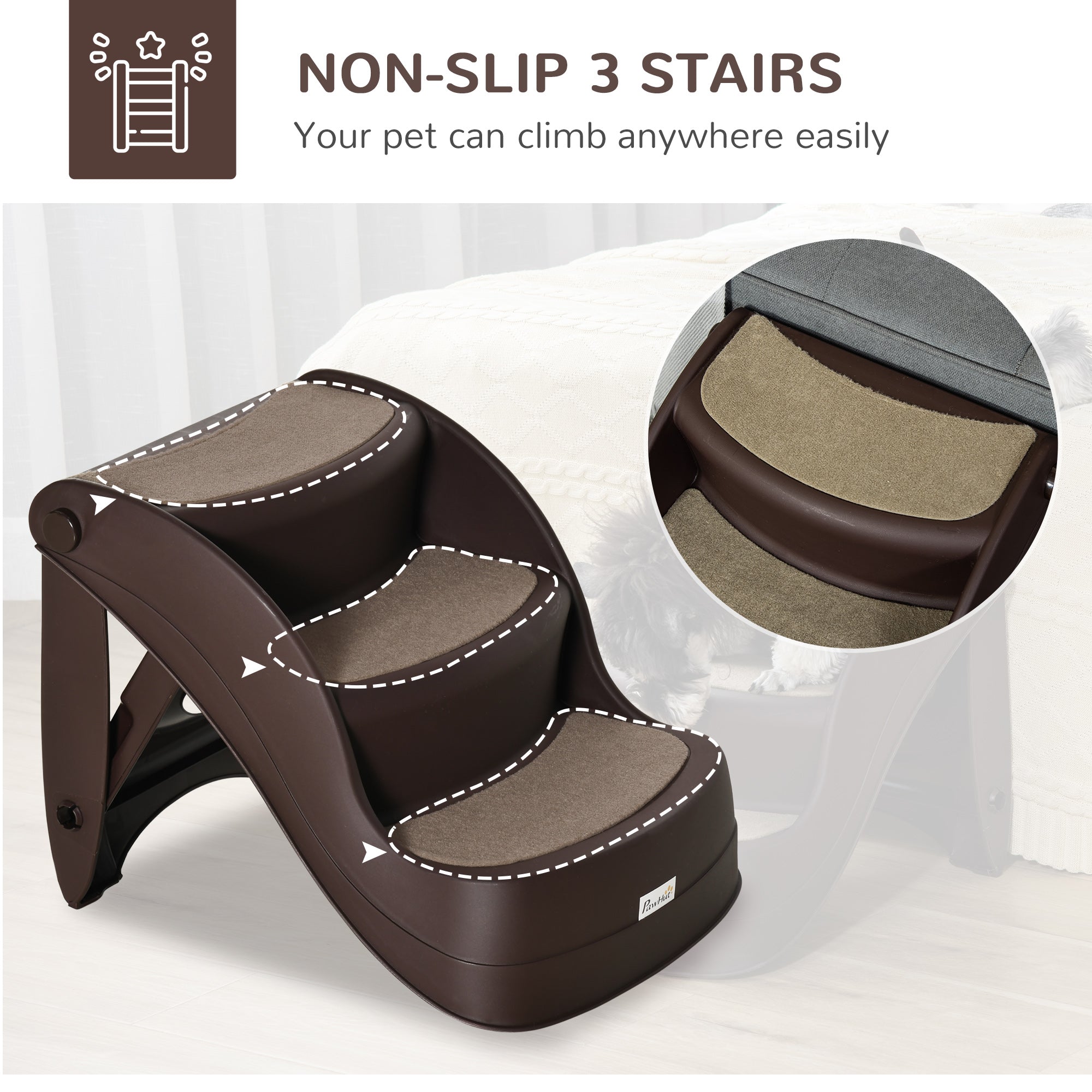 Portable Pet Stairs Foldable Steps for Small Dogs and Cats 3-Step with Non-slip Treads for Beds Sofas, Brown Cat Stairs   at Gallery Canada