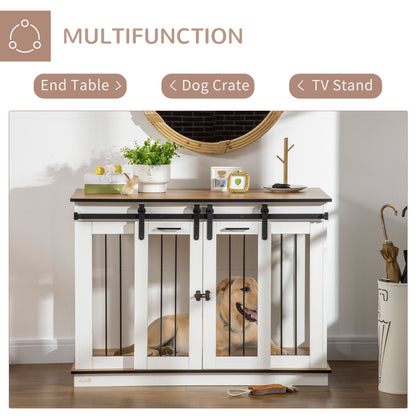 Wooden Dog Crate Furniture with Divider, TV Stand, 2 Rooms, Sliding Doors, White Houses, Kennels & Pens   at Gallery Canada