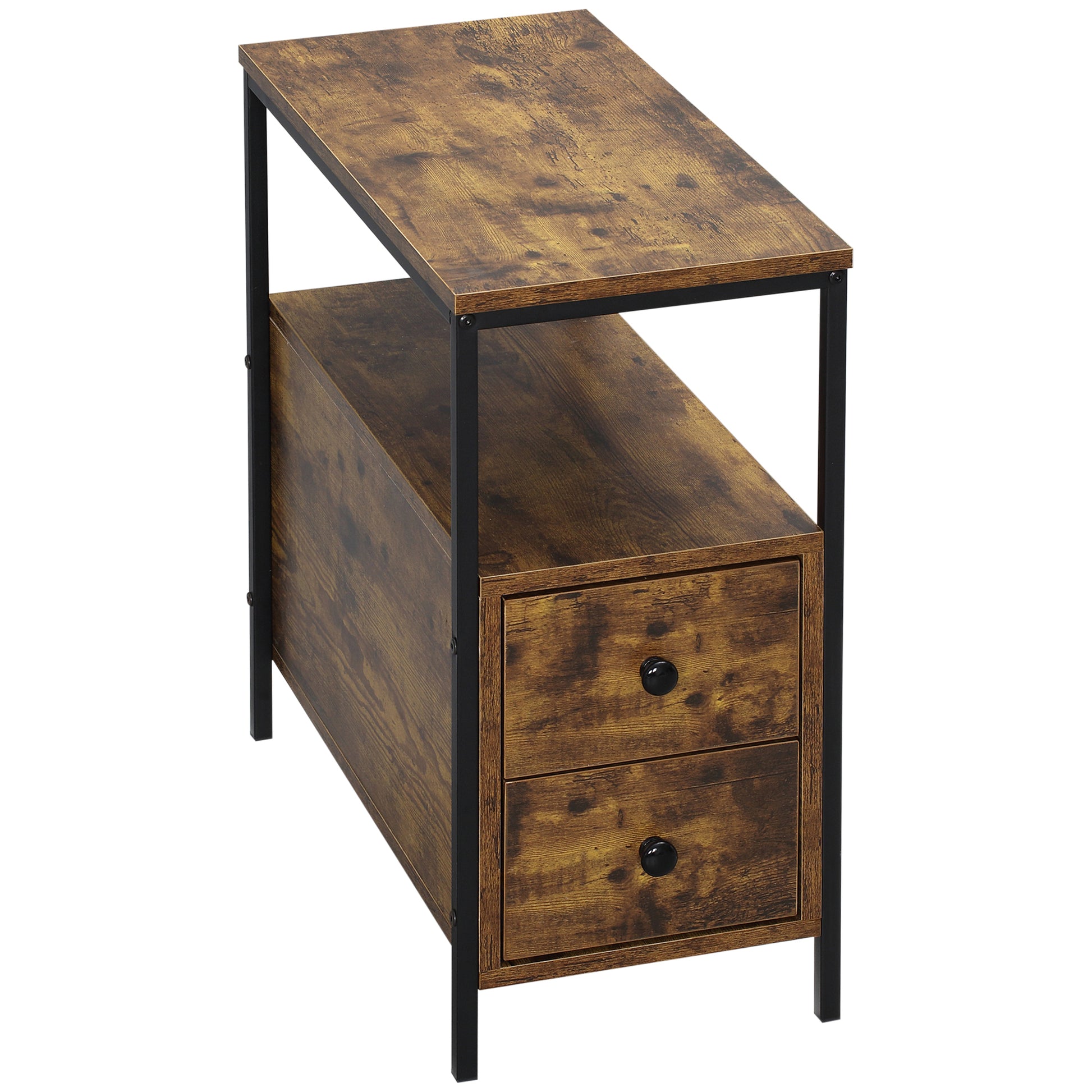 Side Table with 2 Drawers and Storage Shelf, Narrow End Table Nightstand with Metal Frame for Small Spaces, Rustic Brown Side Tables   at Gallery Canada