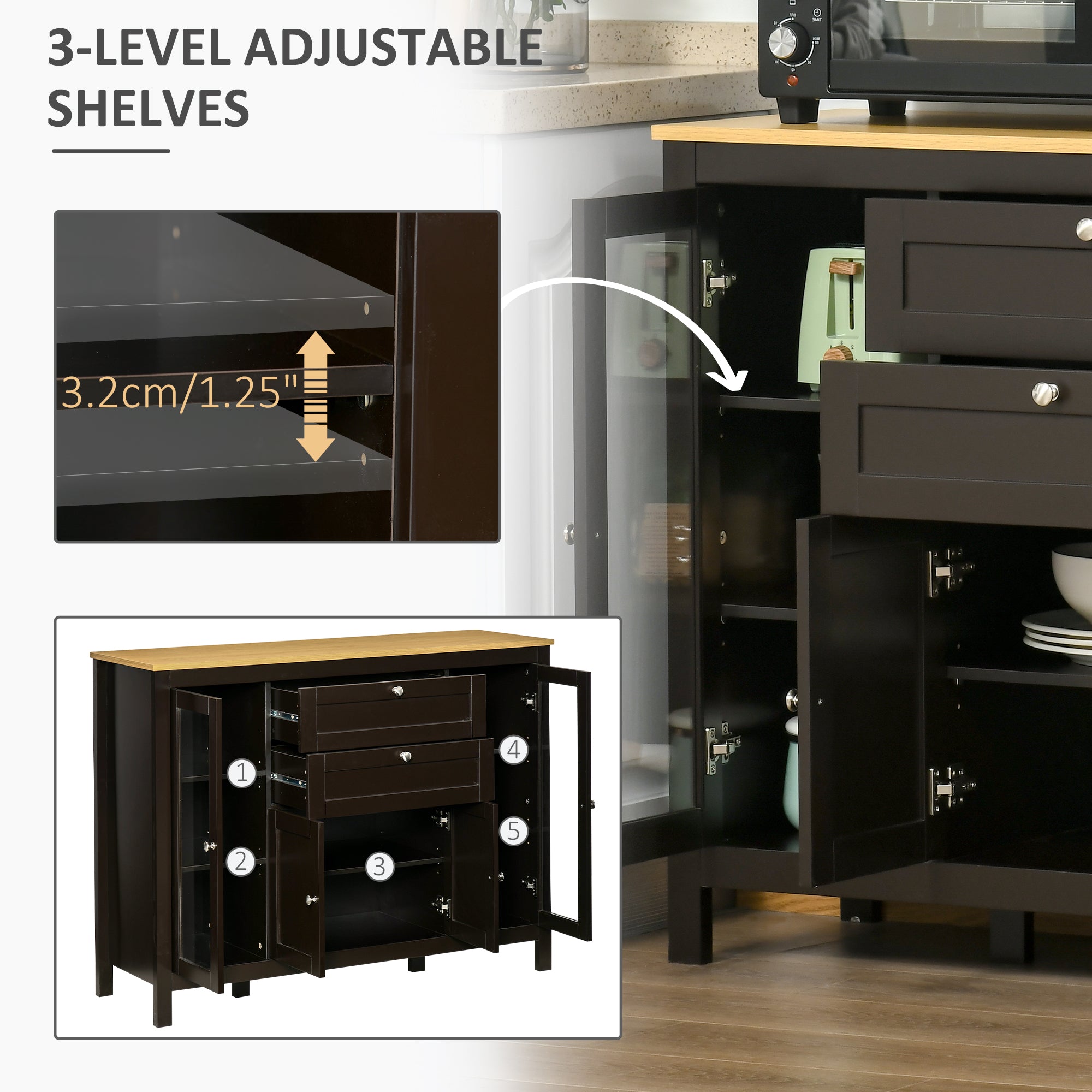 Buffet Cabinet Sideboard with 2 Drawers, 3 Storage Cabinets, Glass Doors and Adjustable Shelves, Dark Brown Bar Cabinets at Gallery Canada