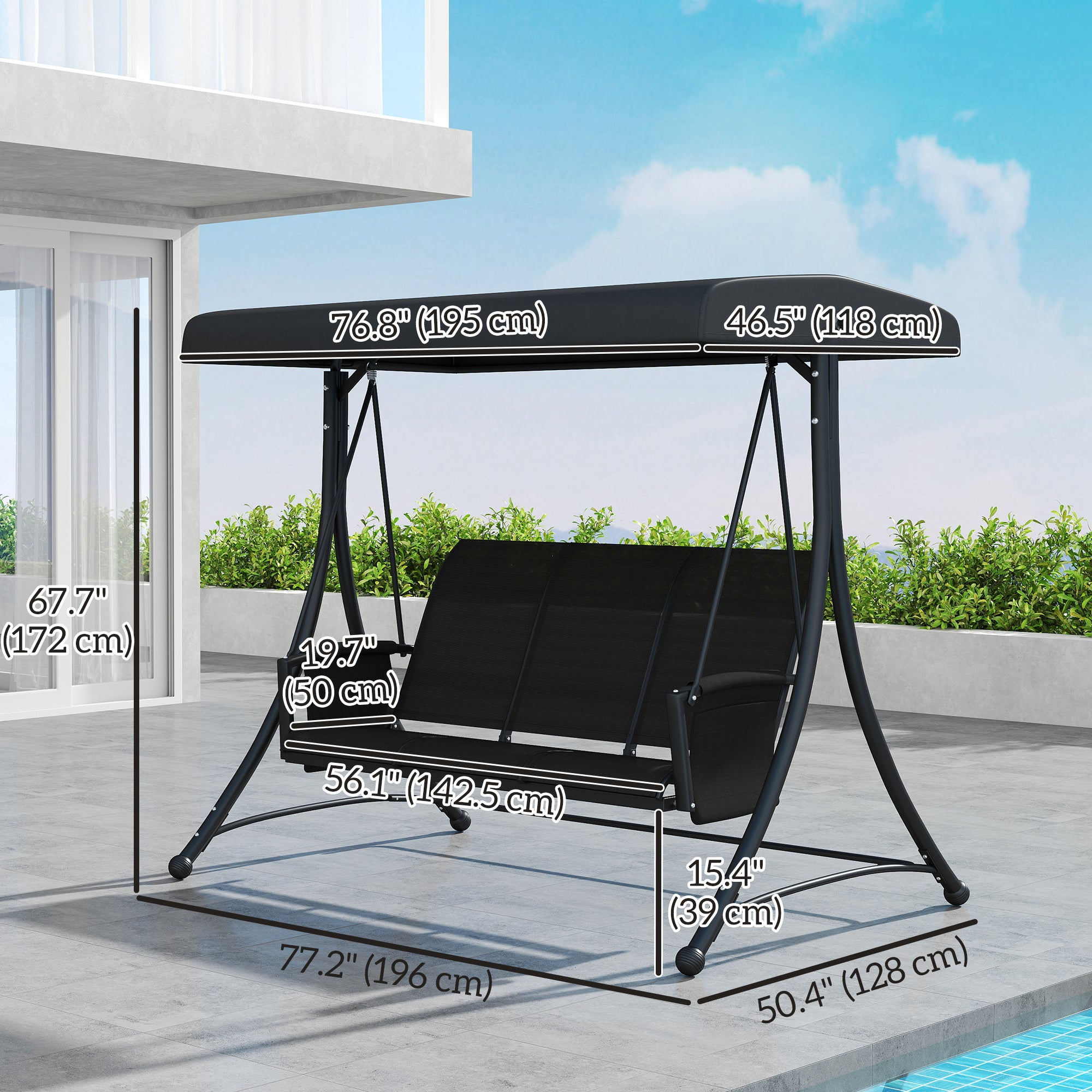 3 Person Outdoor Porch Swing Chair with Adjustable Canopy, Black Porch Swings with Canopy at Gallery Canada