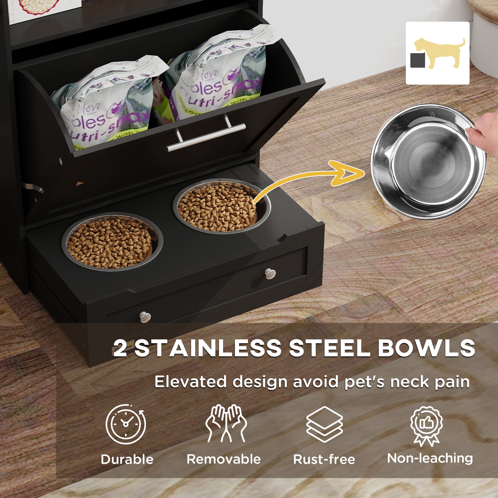 Pet Feeder Station Storage Cabinet, Dog Food Storage Container with Dog Raised Bowls, Watering Supplies, Black Dog Bowls at Gallery Canada