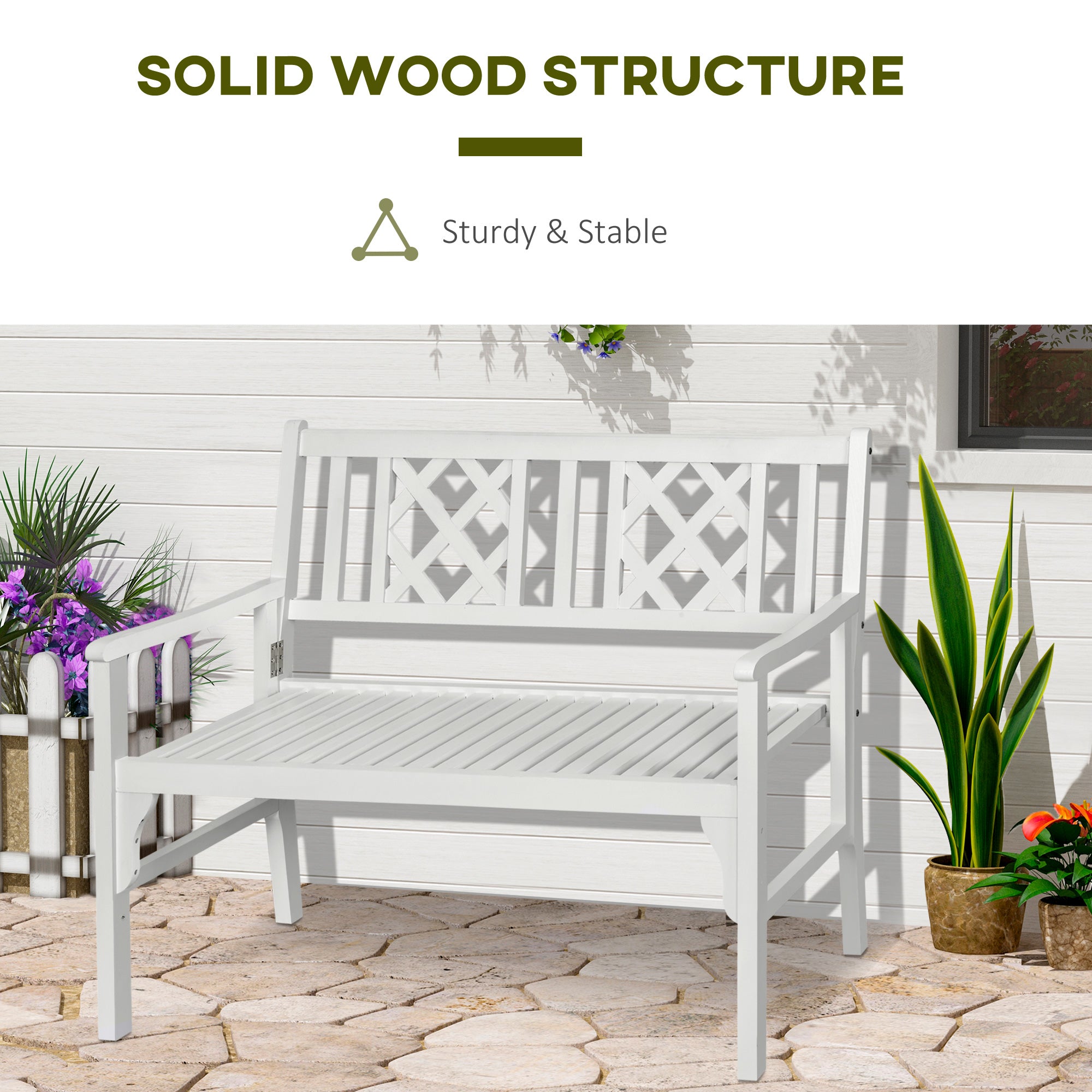 Foldable Garden Bench, 2-Seater Patio Wooden Bench, Loveseat Chair with Backrest and Armrest for Patio, Porch or Balcony, White Outdoor Benches at Gallery Canada