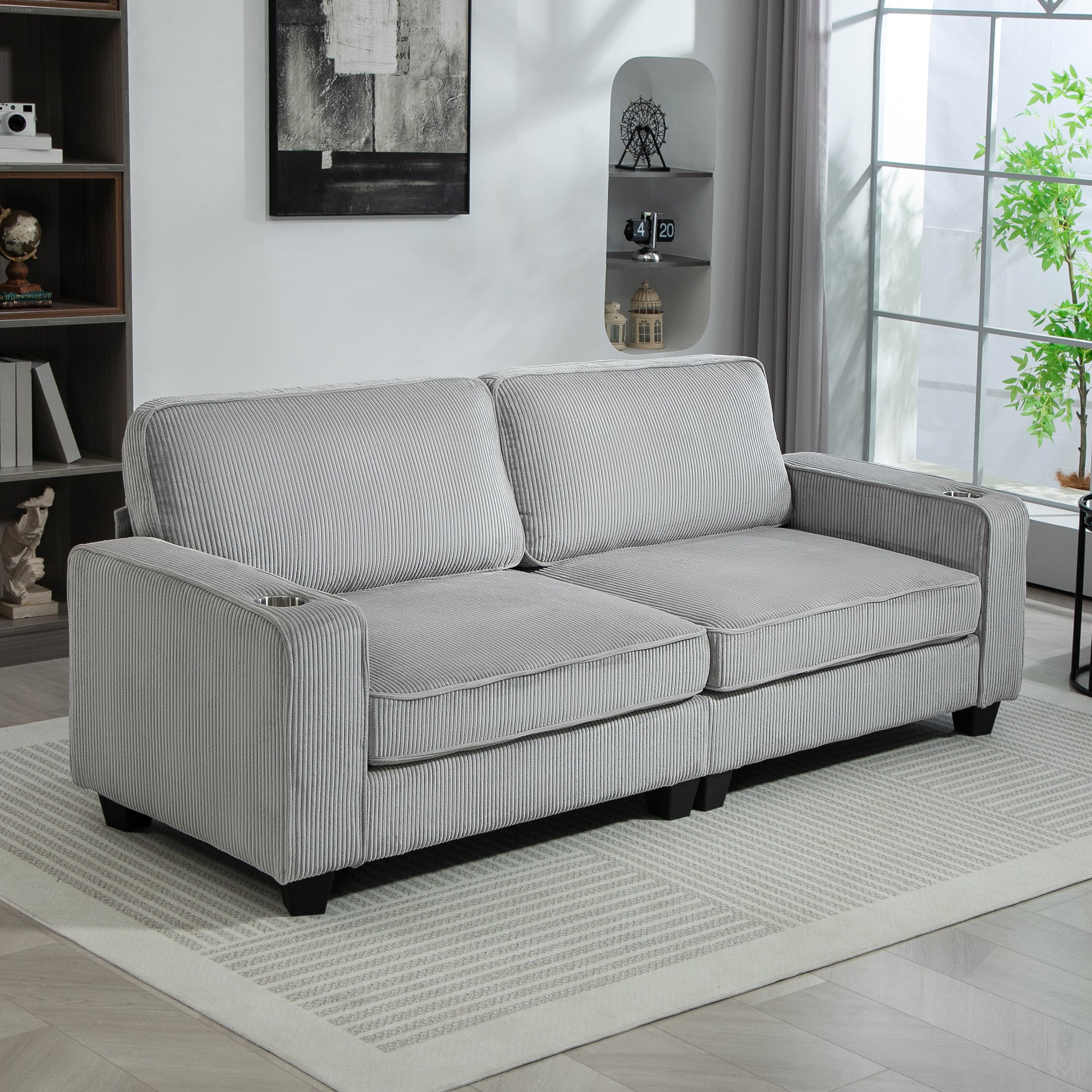 Three Seater Sofa, Fabric 3 Seater Couch with Spring Cushion and Cup Holders for Living Room, Bedroom, Light Grey 3-Seater Sofas at Gallery Canada