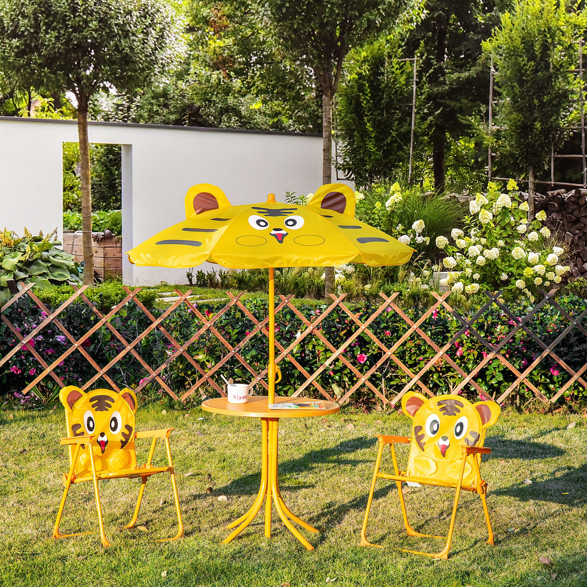 Kids Folding Picnic Table and Chair Set Pattern Outdoor Garden Patio Backyard with Removable &; Height Adjustable Sun Umbrella Yellow Kids Outdoor Furniture at Gallery Canada