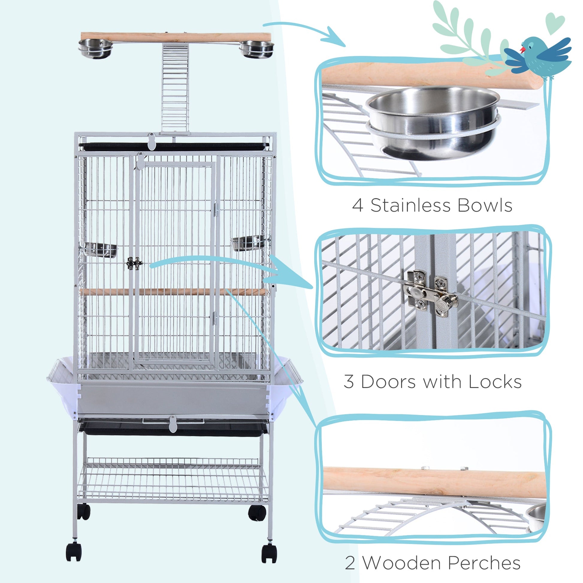 63" Large Bird Parrot Cage Stand Finch Feeder Play Top House Perch Bowl Wheels, Silver Bird Cages   at Gallery Canada