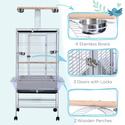 63" Large Bird Parrot Cage Stand Finch Feeder Play Top House Perch Bowl Wheels, Silver Bird Cages   at Gallery Canada