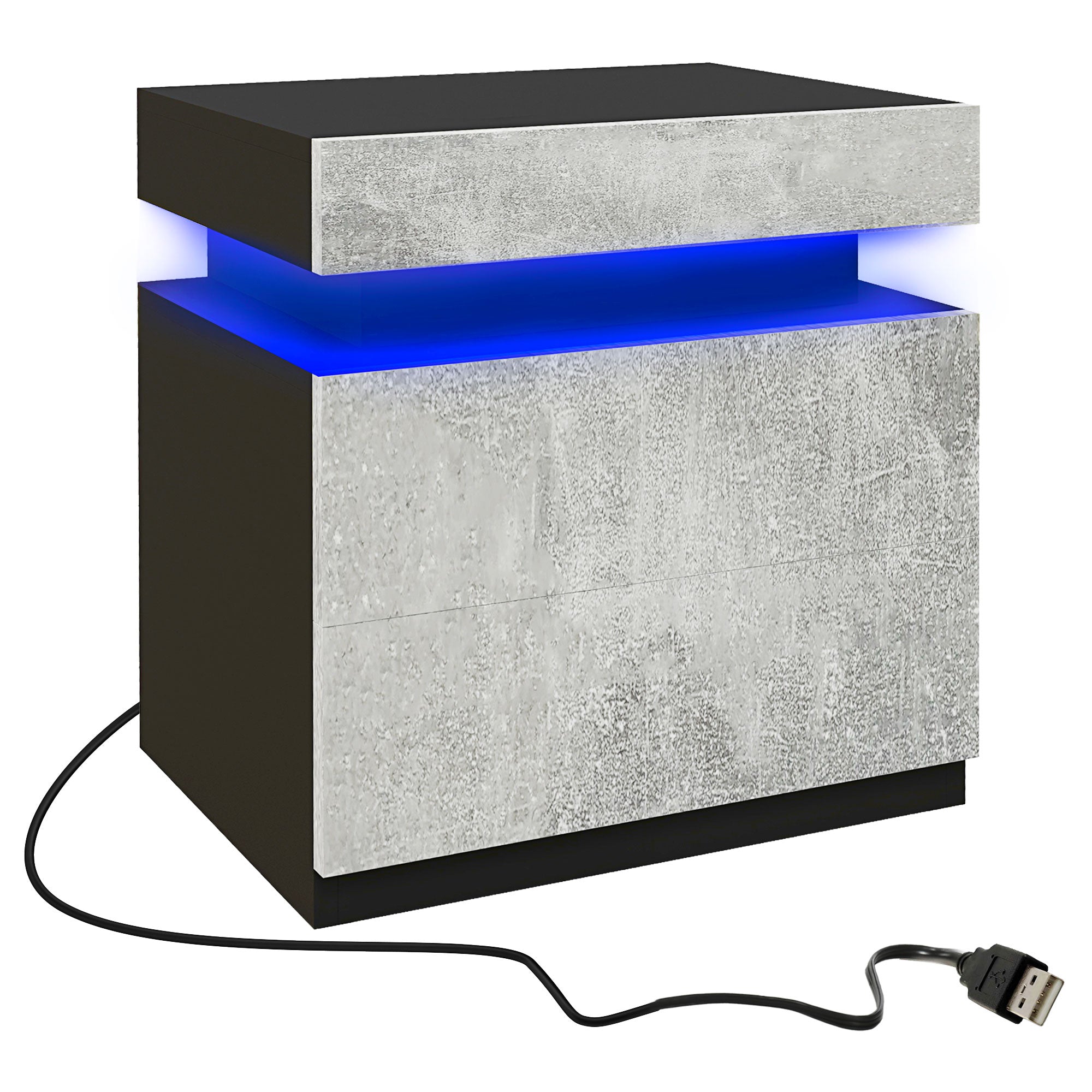 High Gloss Nightstand, Bedside Table with LED Lights and 2 Drawers for Bedroom, Living Room, Grey Bedside Tables   at Gallery Canada