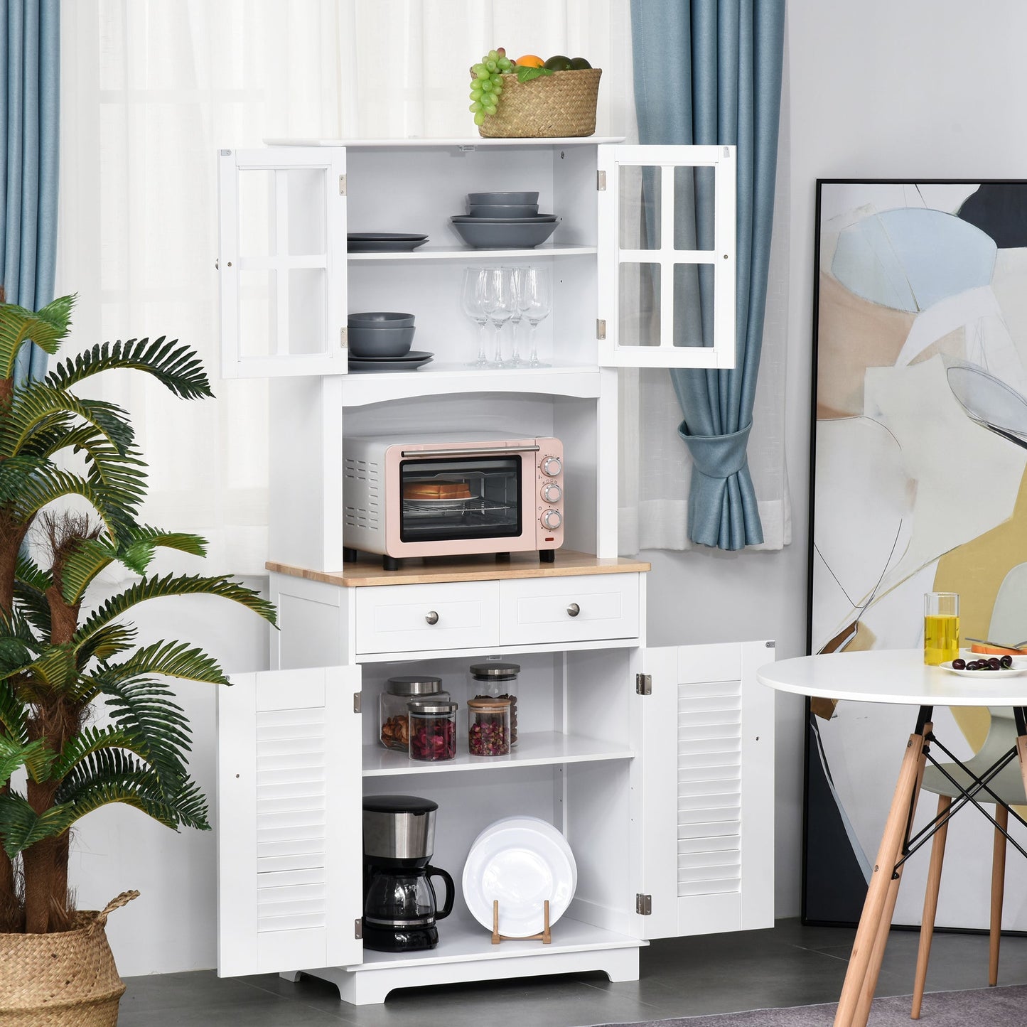 Coastal Style Kitchen Buffet Hutch with Glass Doors and Microwave Space, White Kitchen Pantry Cabinets   at Gallery Canada