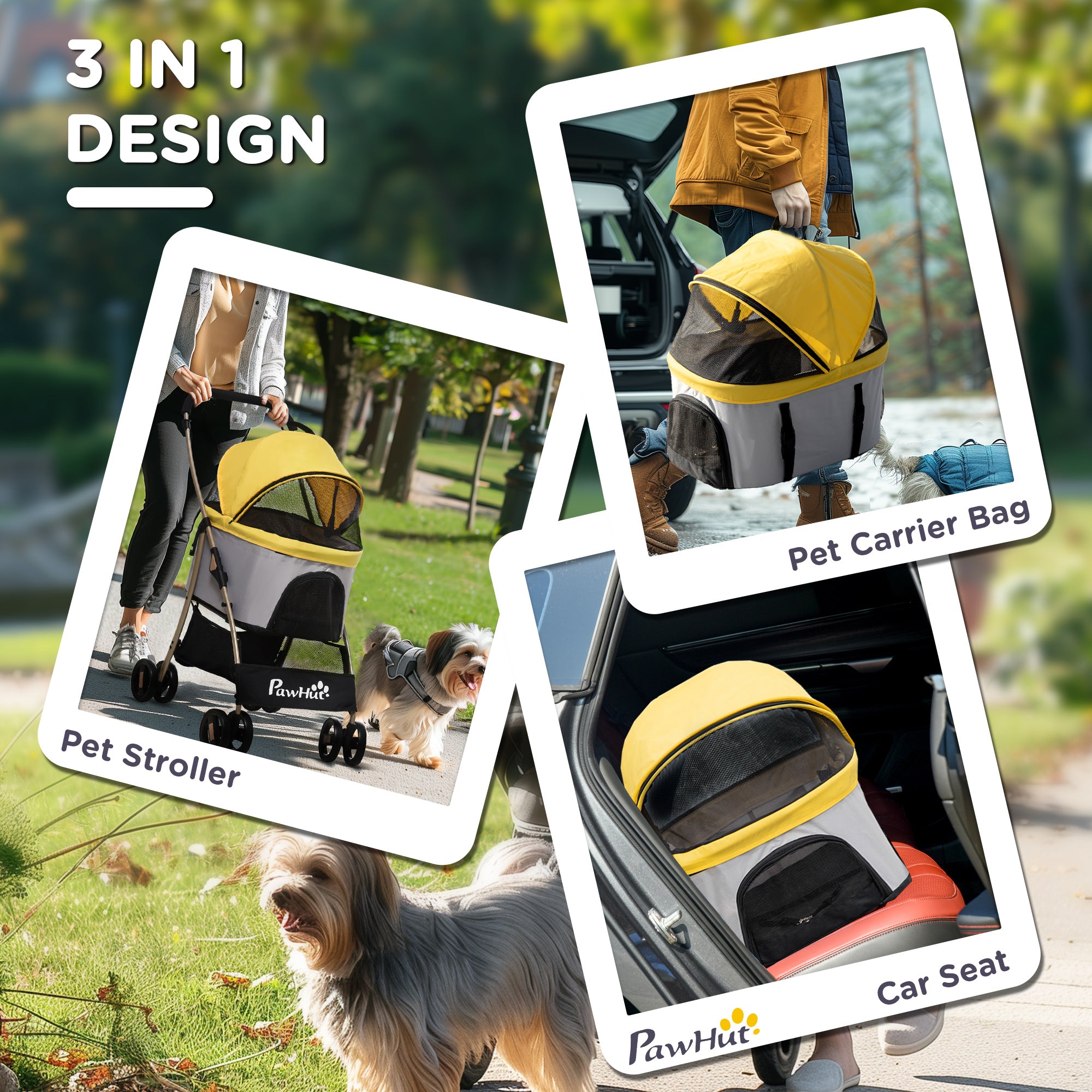 4 Wheels Pet Stroller, 3 in 1 Dog Cat Travel Folding Carrier, for Small Dogs, Detachable, w/ Brake, Canopy, Basket, Storage Bag - Yellow Dog Bike Trailers & Strollers at Gallery Canada