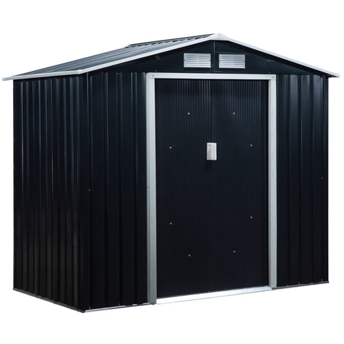 7' x 4' x 6' Garden Storage Shed Outdoor Patio Metal Tool Storage House w/ Foundation Kit and Double Doors Dark Grey