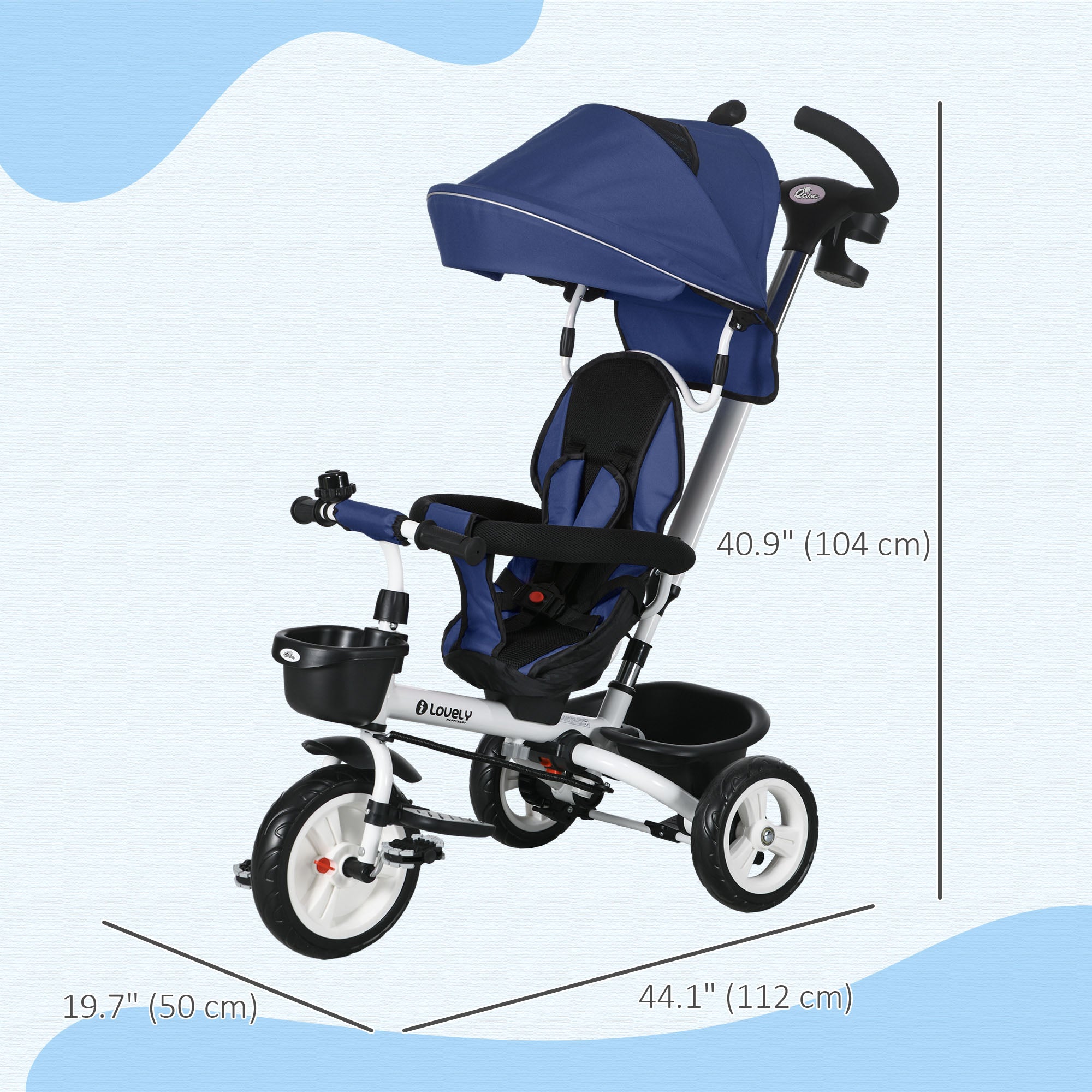 6 in 1 Toddler Tricycle with Parent Push Handle, Canopy, Storage Baskets, Cupholder, Dark Blue Tricycles for Kids at Gallery Canada