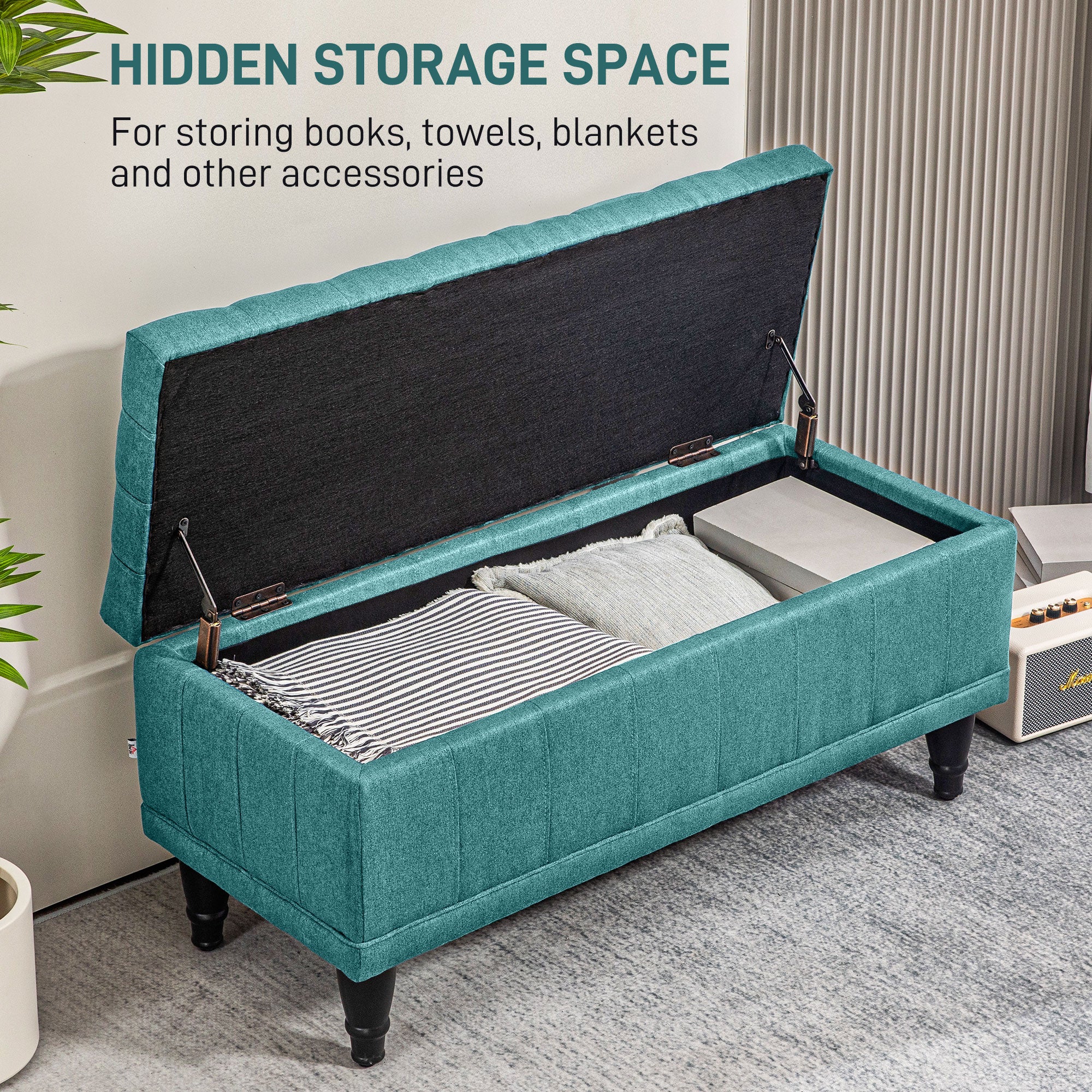 Storage Ottoman, Linen Fabric End of Bed Bench with Button Tufted Storage Bench for Bedroom, Green Storage Ottomans & Benches   at Gallery Canada