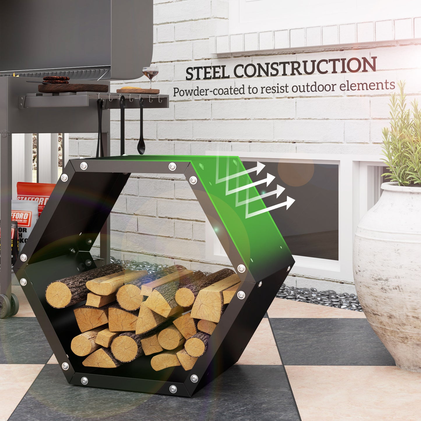 Hexagon Firewood Log Rack Heavy-Duty Steel Log Holder for Outdoor Indoor Use, 25.6" x 14.6" x 22.4", Black Firewood Racks   at Gallery Canada