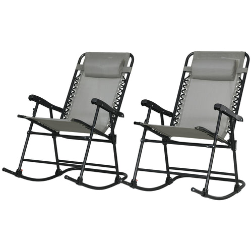 2pc Patio Foldable Rocking Chair Set w/ Breathable Mesh Seat &; Backrest, Headrest for Park, Backyard, Garden, Grey