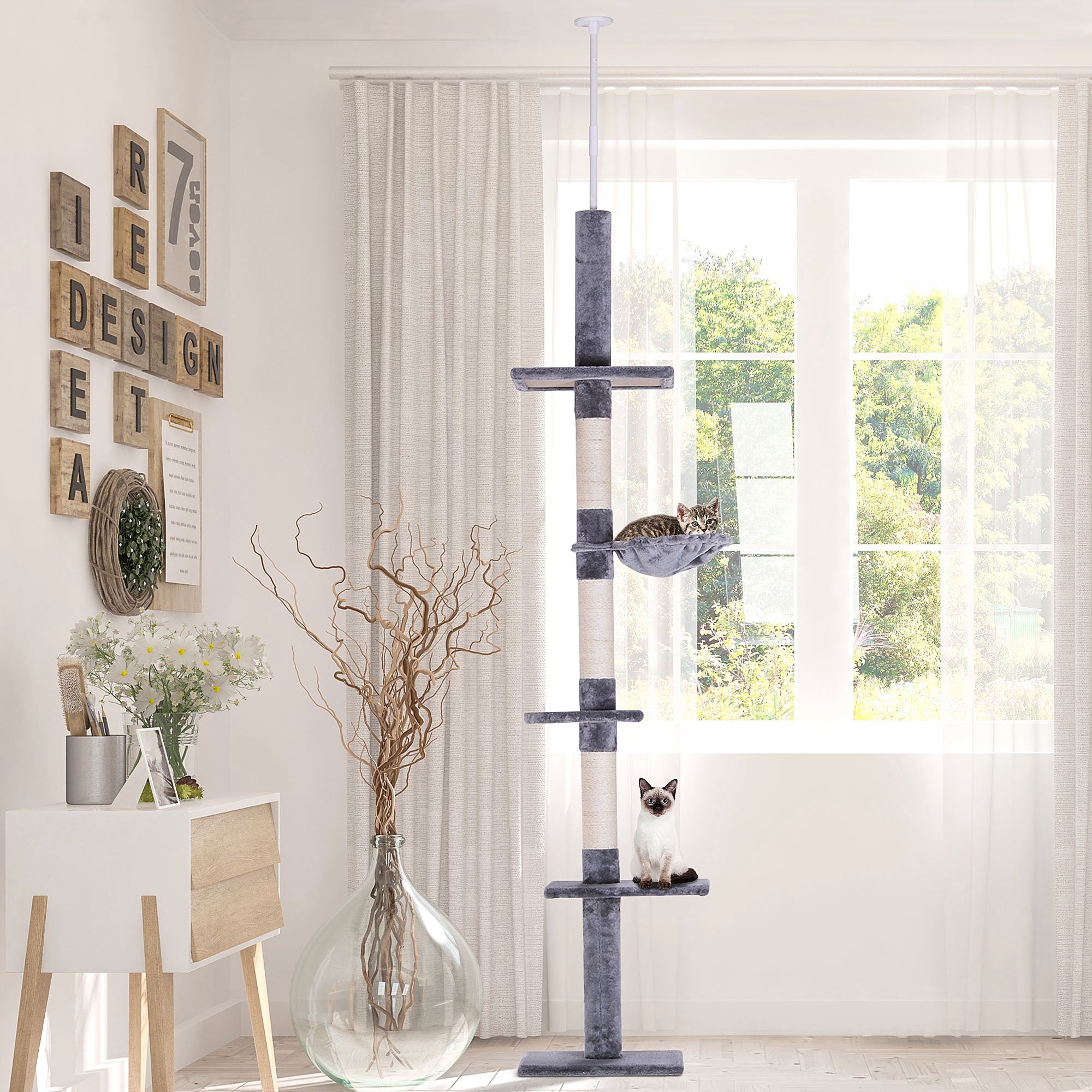 8.5ft Cat Climbing Tree 5-Tier Cat Activity Center Floor-to-Ceiling Cat Climber Toy with Scratching Post Play Rest Post Pet Furniture Grey Floor to Ceiling Cat Trees at Gallery Canada