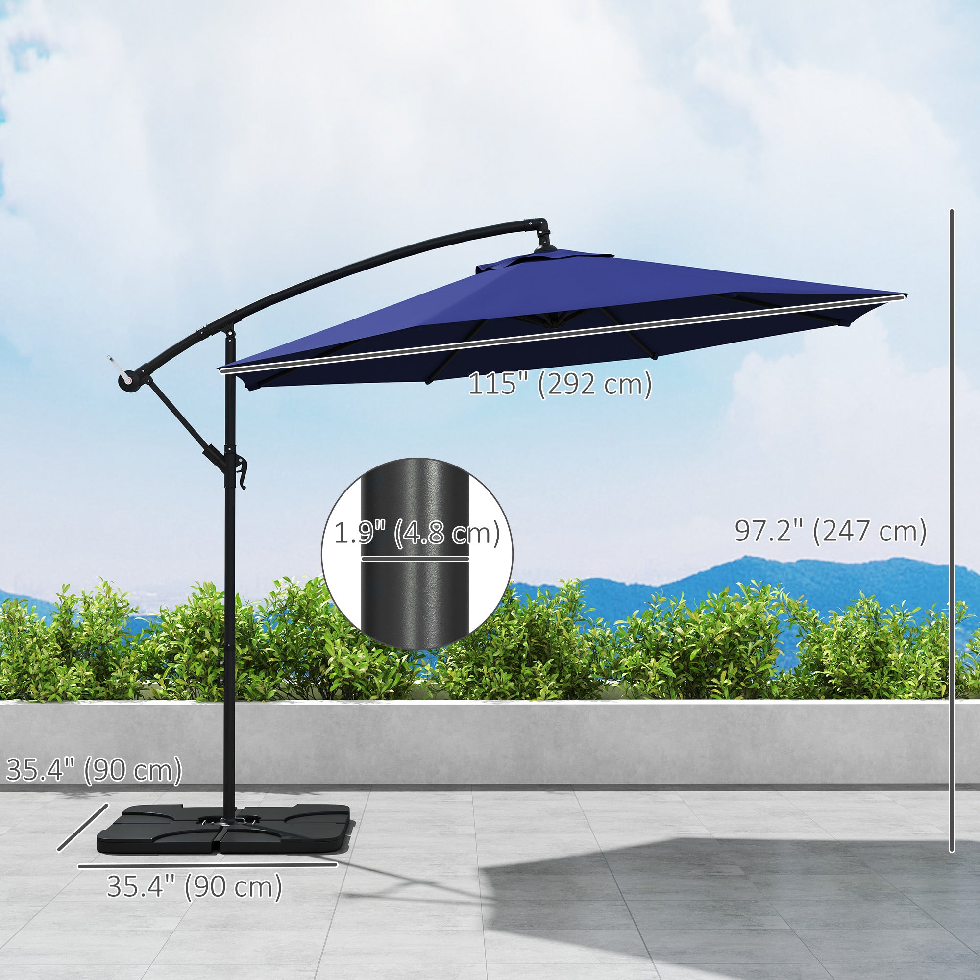 9.6ft Offset Patio Umbrella Garden Hanging Parasol Banana Cantilever Umbrella with Base, Crank, Navy Blue Offset Cantilever Umbrellas at Gallery Canada