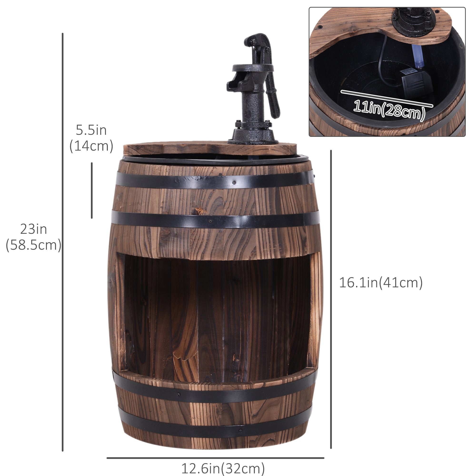 Wooden Outdoor Fountain, Electrical Barrel Waterfall with 3600r/min Speed Pump for Patio, Backyard, Carbonized Water Fountains at Gallery Canada