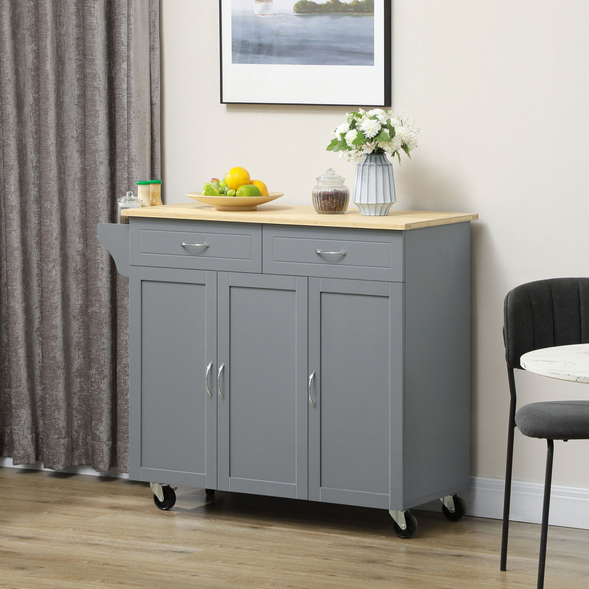 Kitchen Cart with Storage, Rolling Kitchen Island on Wheels with Bamboo Countertop, Drawers, Cabinets, 3 Doors, Grey Kitchen Islands & Kitchen Carts   at Gallery Canada