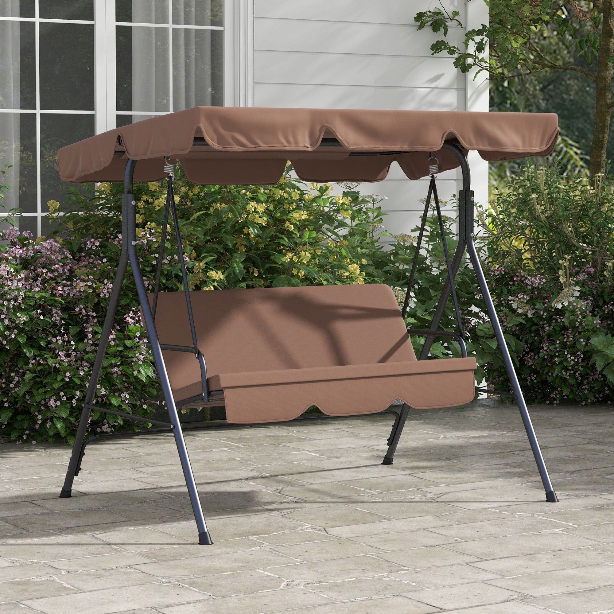 3-Seater Outdoor Porch Swing with Adjustable Canopy, Patio Swing Chair for Garden, Poolside, Backyard, Brown Patio Swings with Stand   at Gallery Canada