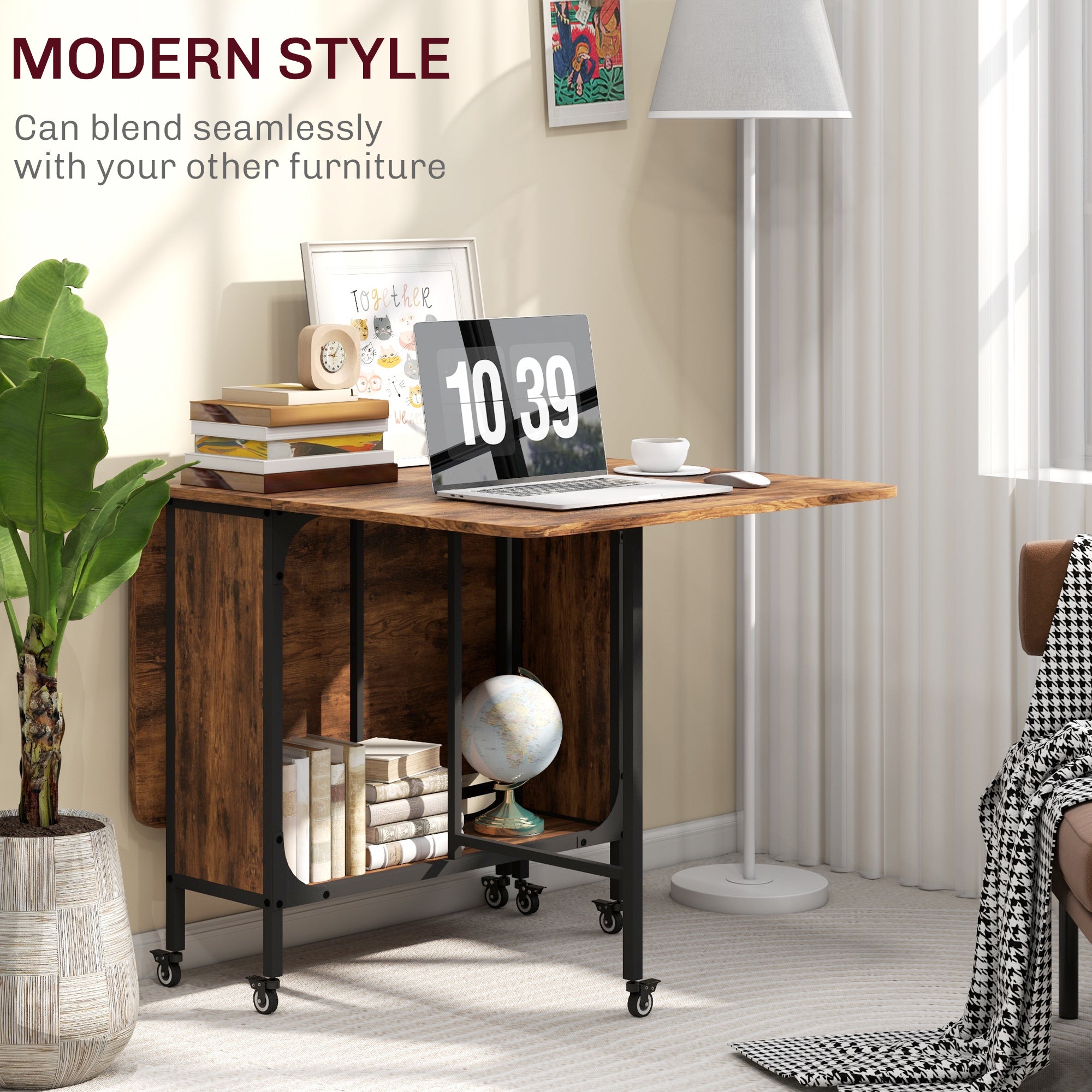 Folding Dining Table, Extendable Kitchen Table for Small Spaces with Storage Shelf and 6 Wheels, Rustic Brown Dining Tables at Gallery Canada