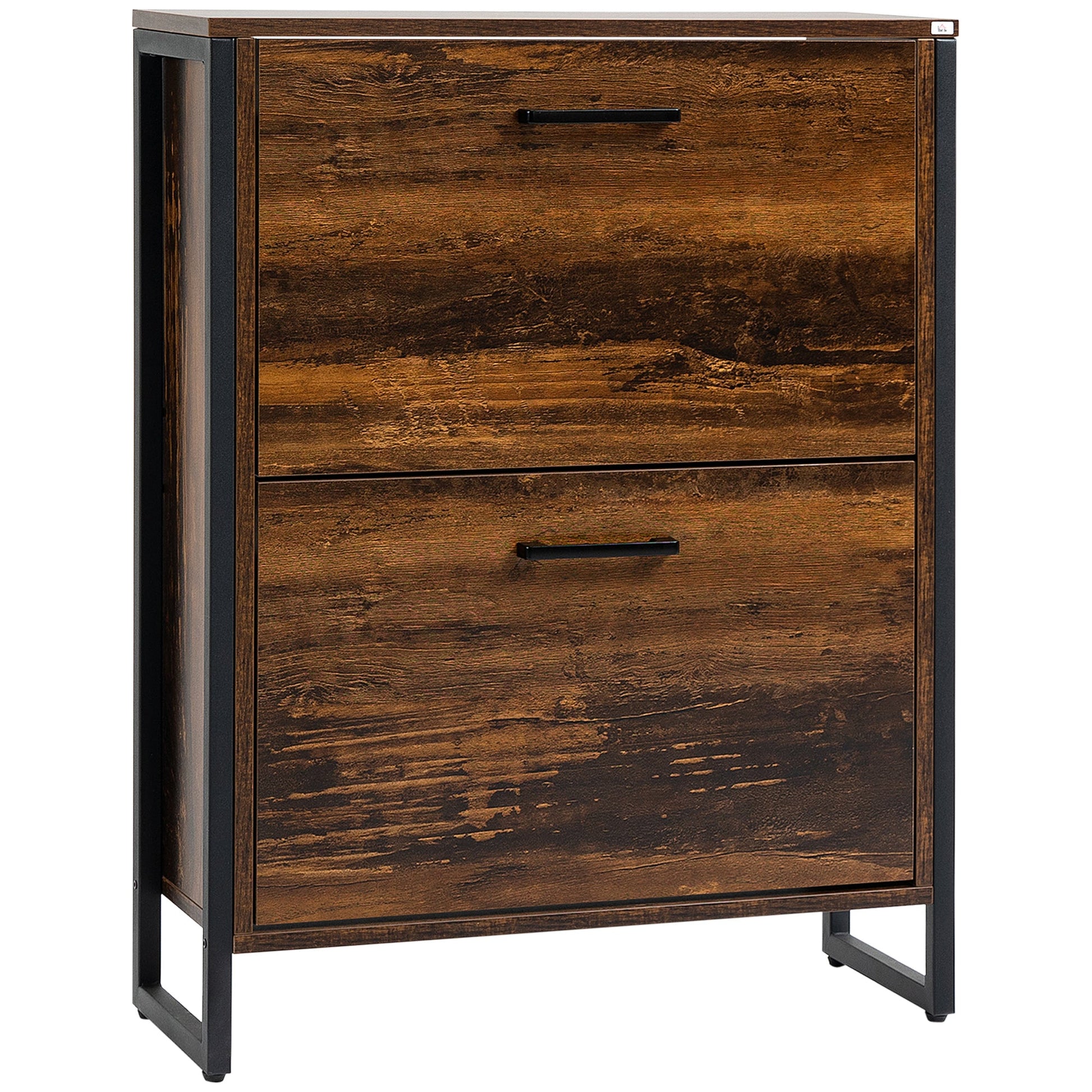 Rustic Brown Slim Shoe Cabinet with 2 Flip Doors, 2 Drawers, and Open Compartment Shoe Storage Cabinets & Racks Rustic Brown  at Gallery Canada