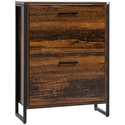 Rustic Brown Slim Shoe Cabinet with 2 Flip Doors, 2 Drawers, and Open Compartment