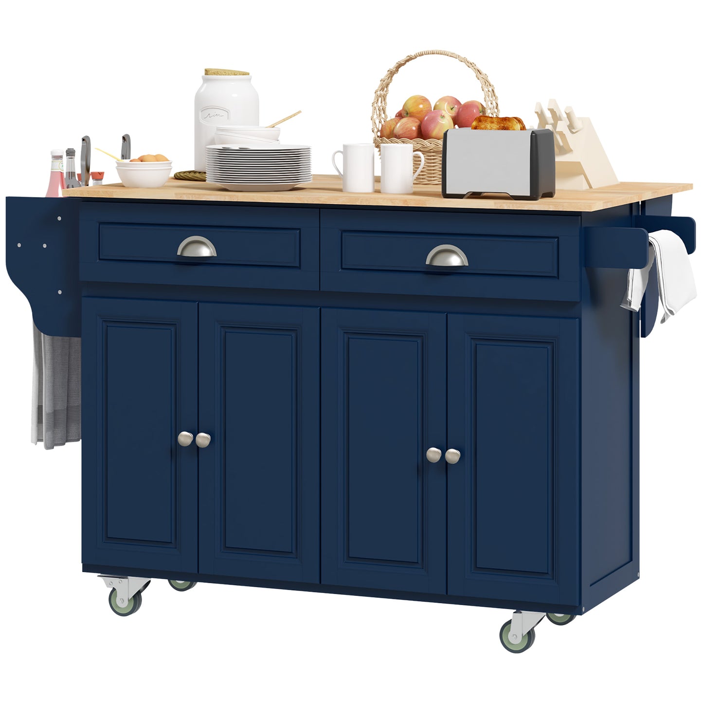 Kitchen Island with Storage, Rolling Kitchen Island with Drop Leaf, Rubber Wood Top and Adjustable Shelves, Navy Blue Kitchen Islands & Kitchen Carts at Gallery Canada