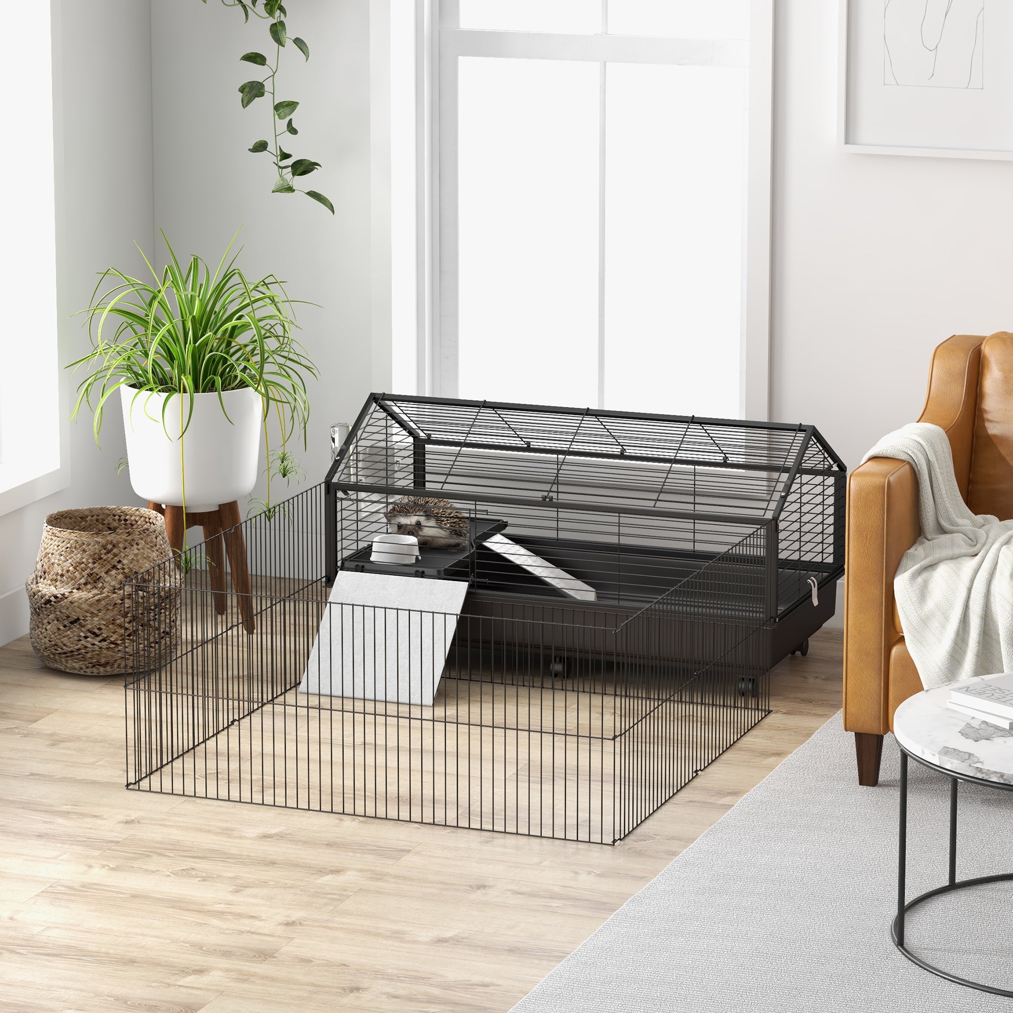 Metal Small Animal Cage, Rabbit Cage for Guinea Pig, Chinchilla, Hedgehog, Bunny with Removable Wheels and Foldable Detachable Run Fence 47.2