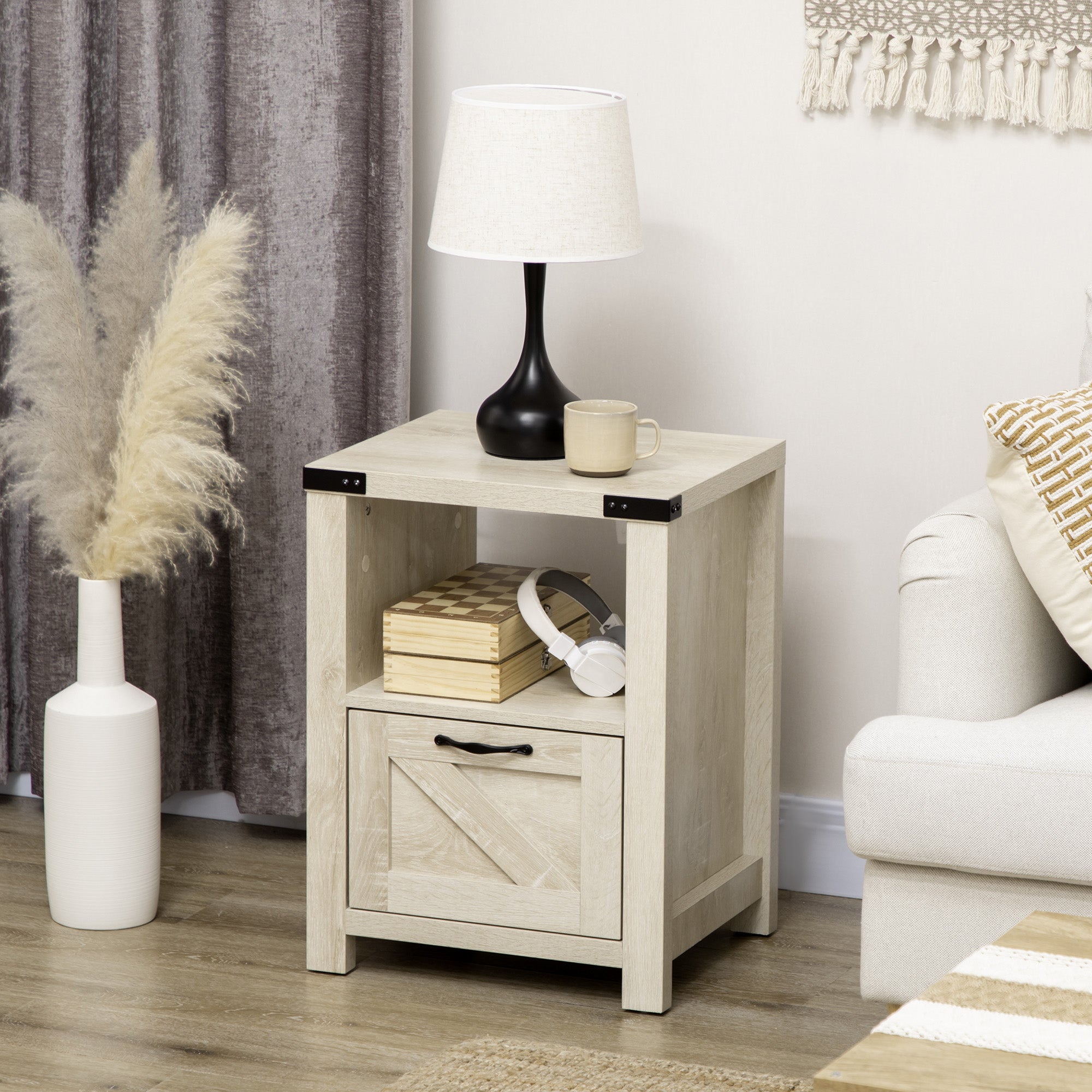 Side Table with Storage, Farmhouse End Table with Drawer, Open Shelf and Barn-style Panel, Accent Table for Living Room, Bedroom, Oak Side Tables   at Gallery Canada