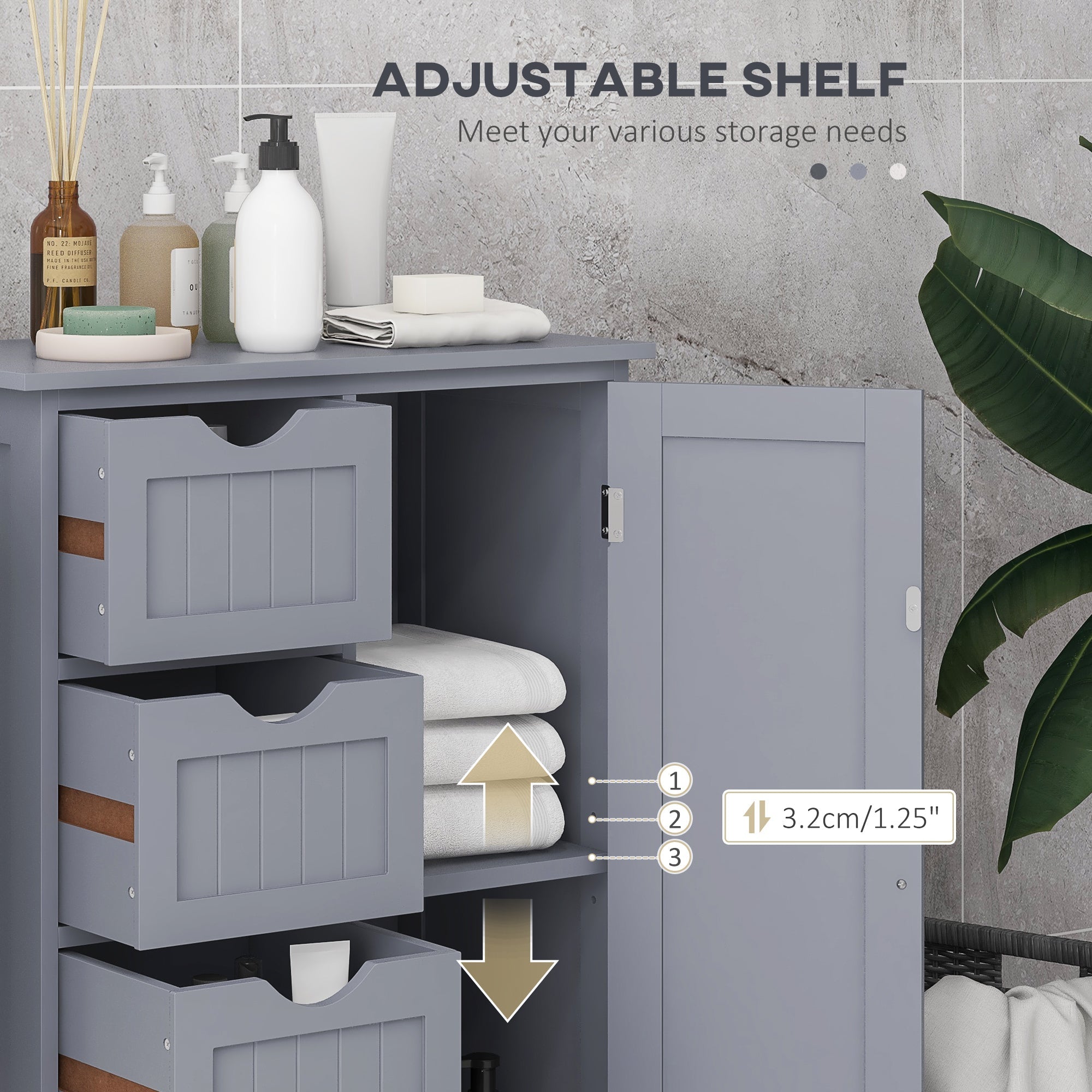 Bathroom Storage Cabinet, Floor Cabinet with Adjustable Shelf and 4 Drawers, Side Cabinet for Washroom, Grey Bathroom Cabinets   at Gallery Canada