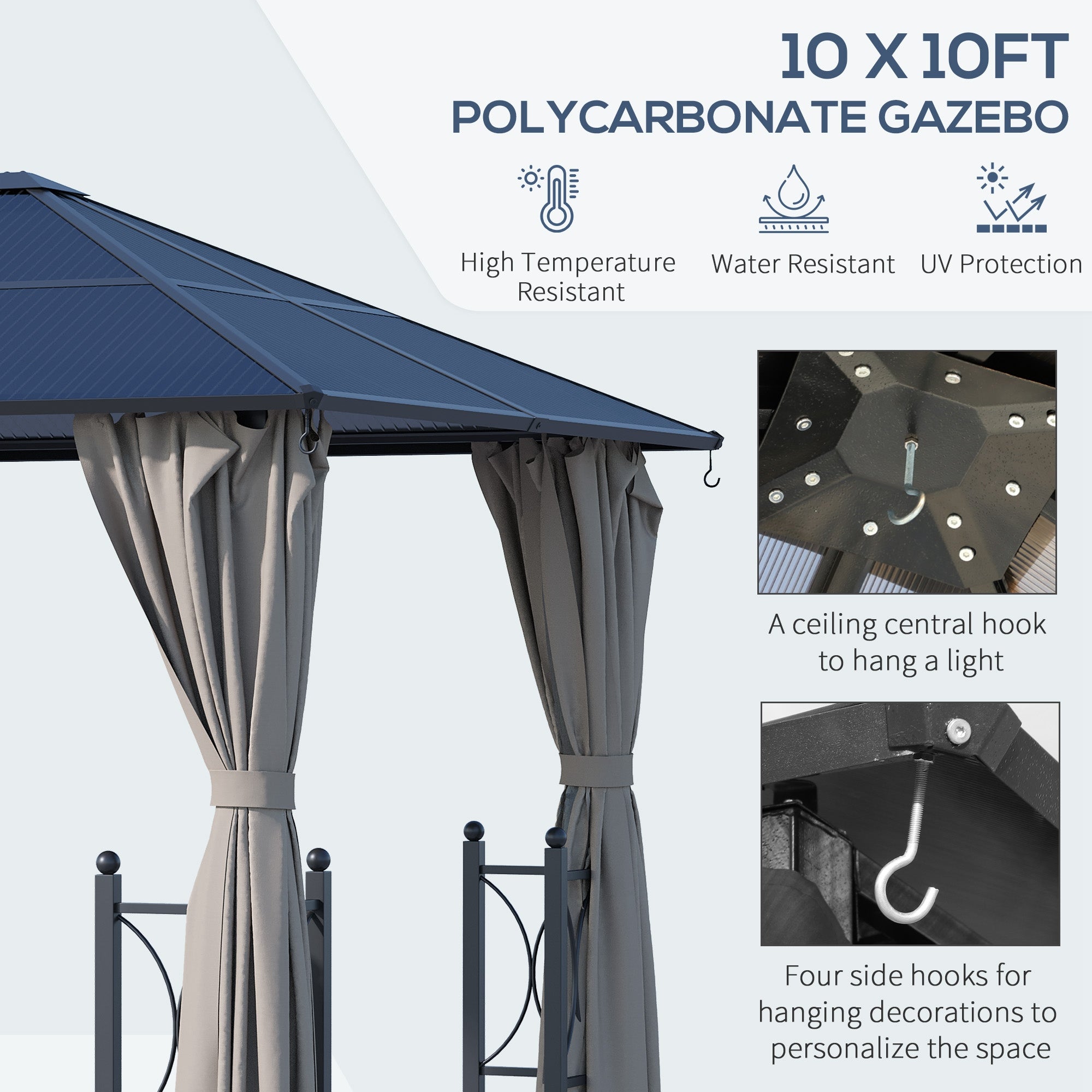 10' x 10' Hardtop Gazebo with PC Board Roof and Aluminum Frame, Patio Gazebo with Curtains and Netting for Party Wedding Marquee Tent, Black Gazebos at Gallery Canada