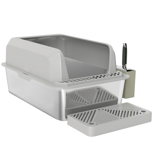 Stainless Steel Cat Litter Box High Sided with Metal Scoop &; Holder, Non-Sticky, Easy to Clean, Anti-Urine Leakage