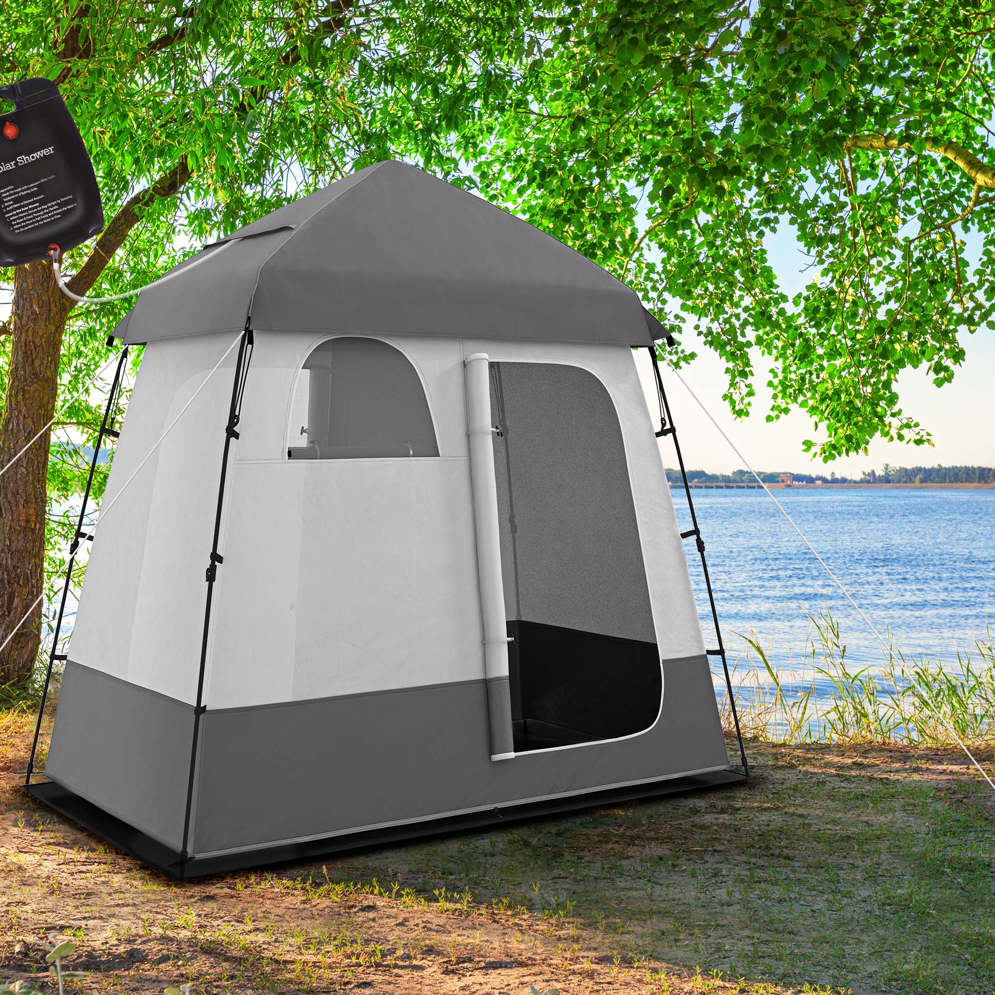 Outdoor Portable Pop Up Shower Tent Changing Tent Privacy Enclosure with 2 Rooms, Shower Bag, Floor for Camping, Dark Grey Camping Tents at Gallery Canada