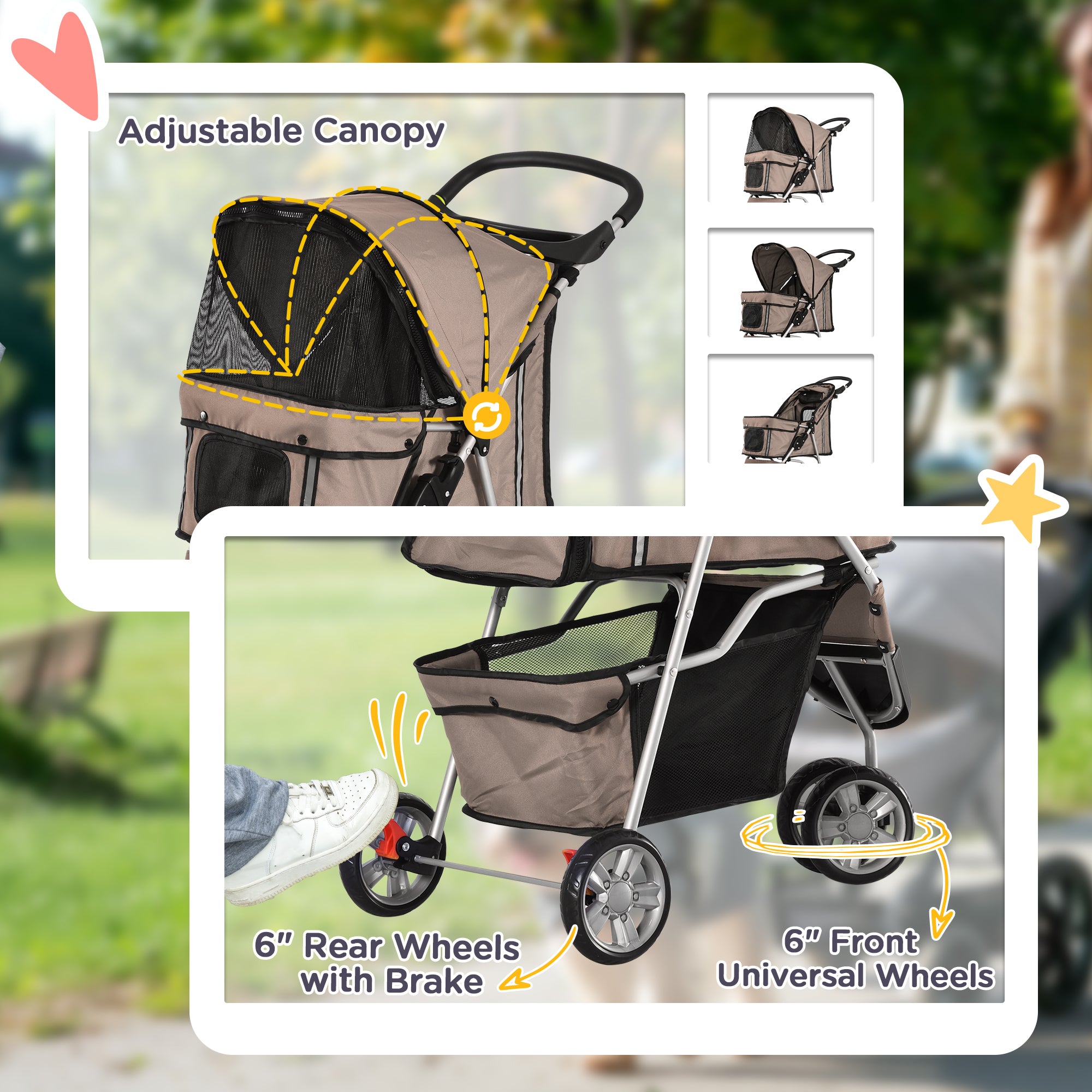 Cat Stroller, 3 Wheels Foldable Dog Stroller with Storage Basket, Brake, Adjustable Canopy, Cupholders, Pet Stroller for Miniature and Small Dogs Travel, Coffee Dog Bike Trailers & Strollers at Gallery Canada