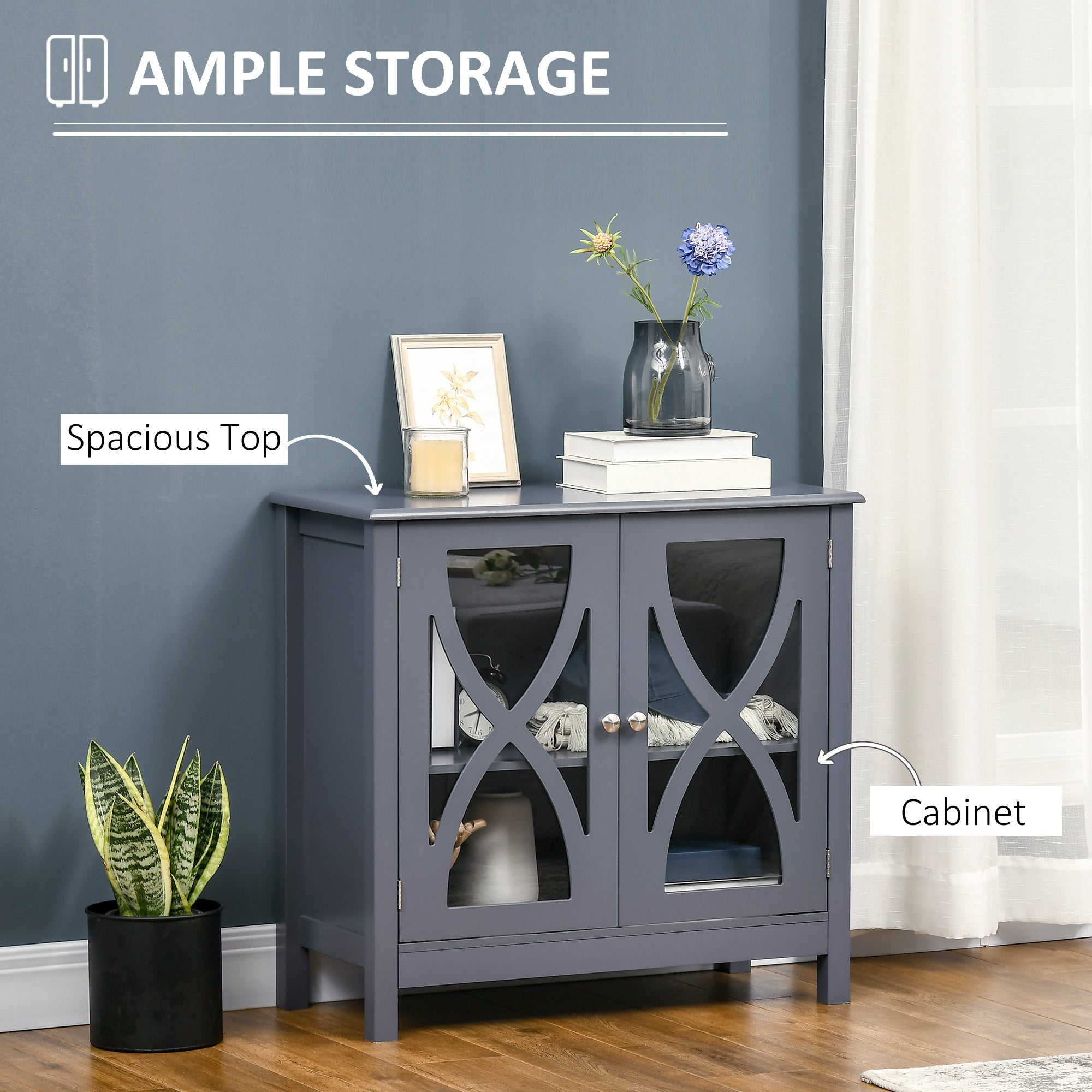Kitchen Sideboard, Glass Door Buffet Cabinet, Bathroom Storage Cabinet with Adjustable Storage Shelf for Dining Room, Living Room, Grey Bar Cabinets at Gallery Canada