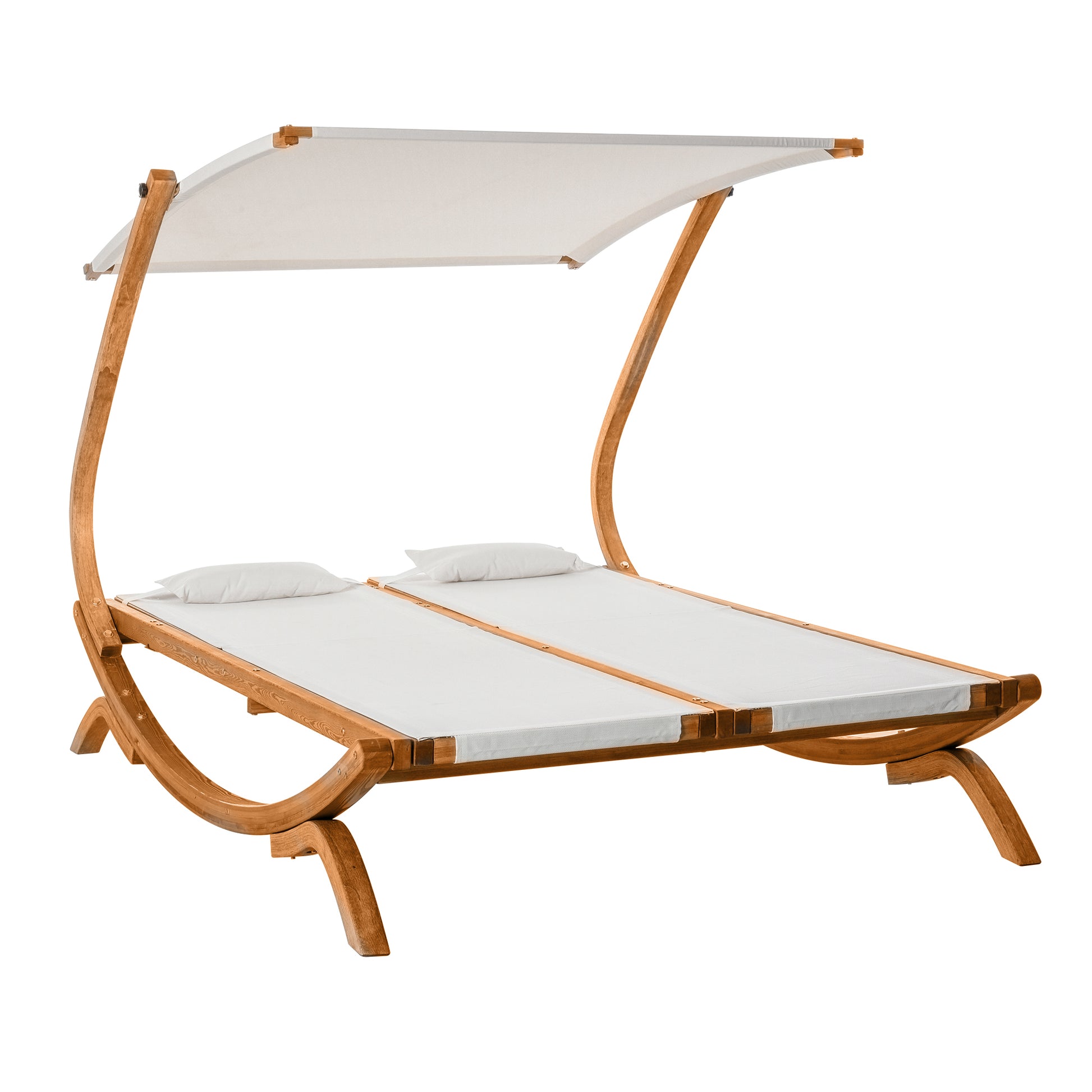 Adjustable Wooden Double Chaise Lounge with Canopy and Pillows for Patio, Beige Lounger Chairs   at Gallery Canada