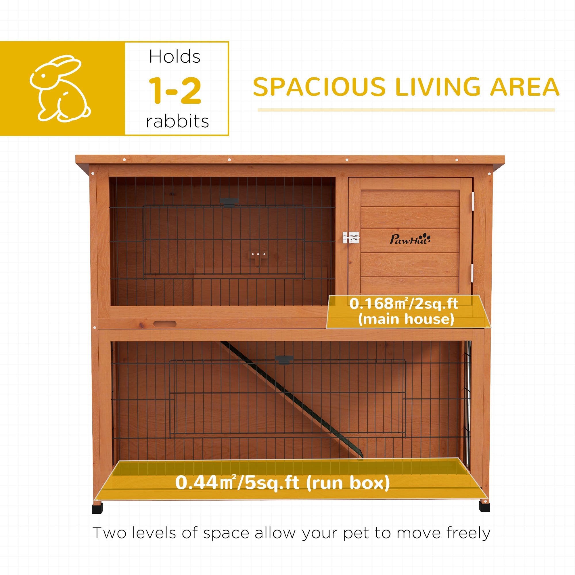 Wooden Rabbit Hutch with Trays, Ramp, Asphalt Roof, Doors for 1-2 Rabbits, 47