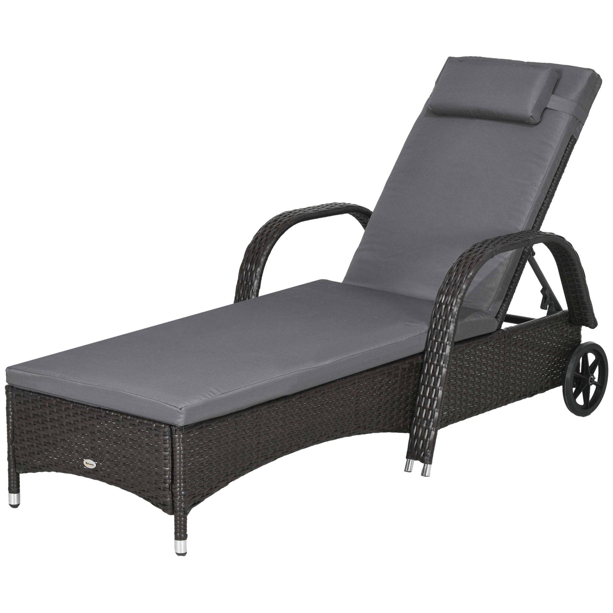 Outdoor Lounger, Deck Lounge Chair with Headrest, 5-Level Adjustable, Backrest, Wheels, Deep Coffee and Grey Chaise Loungers   at Gallery Canada