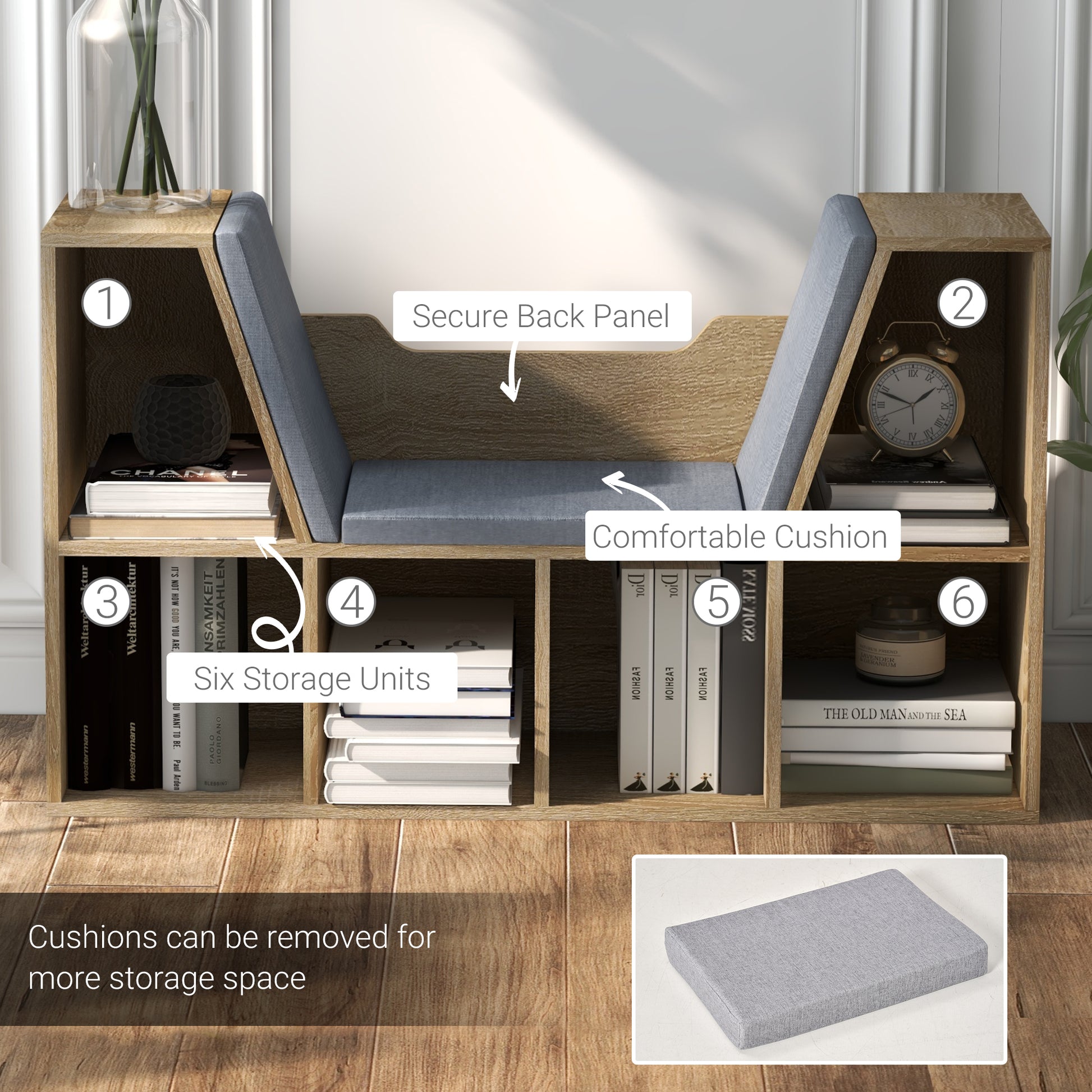 6-Cubby Bookcase with Seat Cushion, Cube Storage Shelf with Reading Nook for Home Office, Study, Oak Bookshelves & Bookcases at Gallery Canada