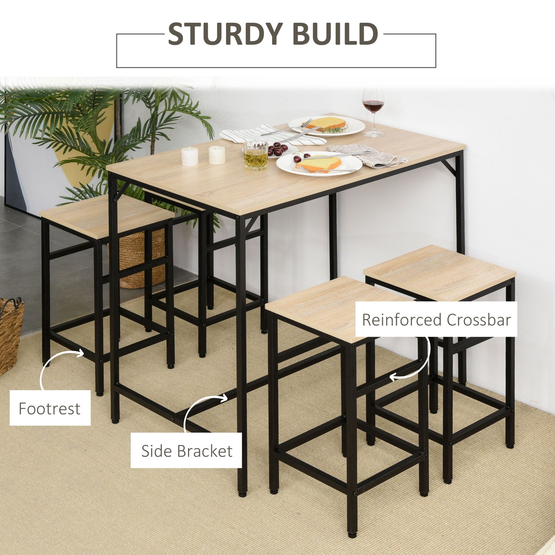 5 Pieces Industrial Rectangular Bar Table Set, Dining Table Set Breakfast Table with 4 Stools for Dining Room, Kitchen, Dinette, Oak - Gallery Canada