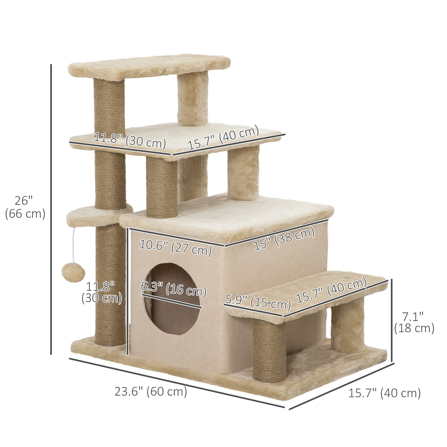 Cat Stairs Pet Steps for Couch Bed with Scratching Posts Condo Ball Toy, 23.6" x 15.7" x 26", Beige Dog Stairs   at Gallery Canada