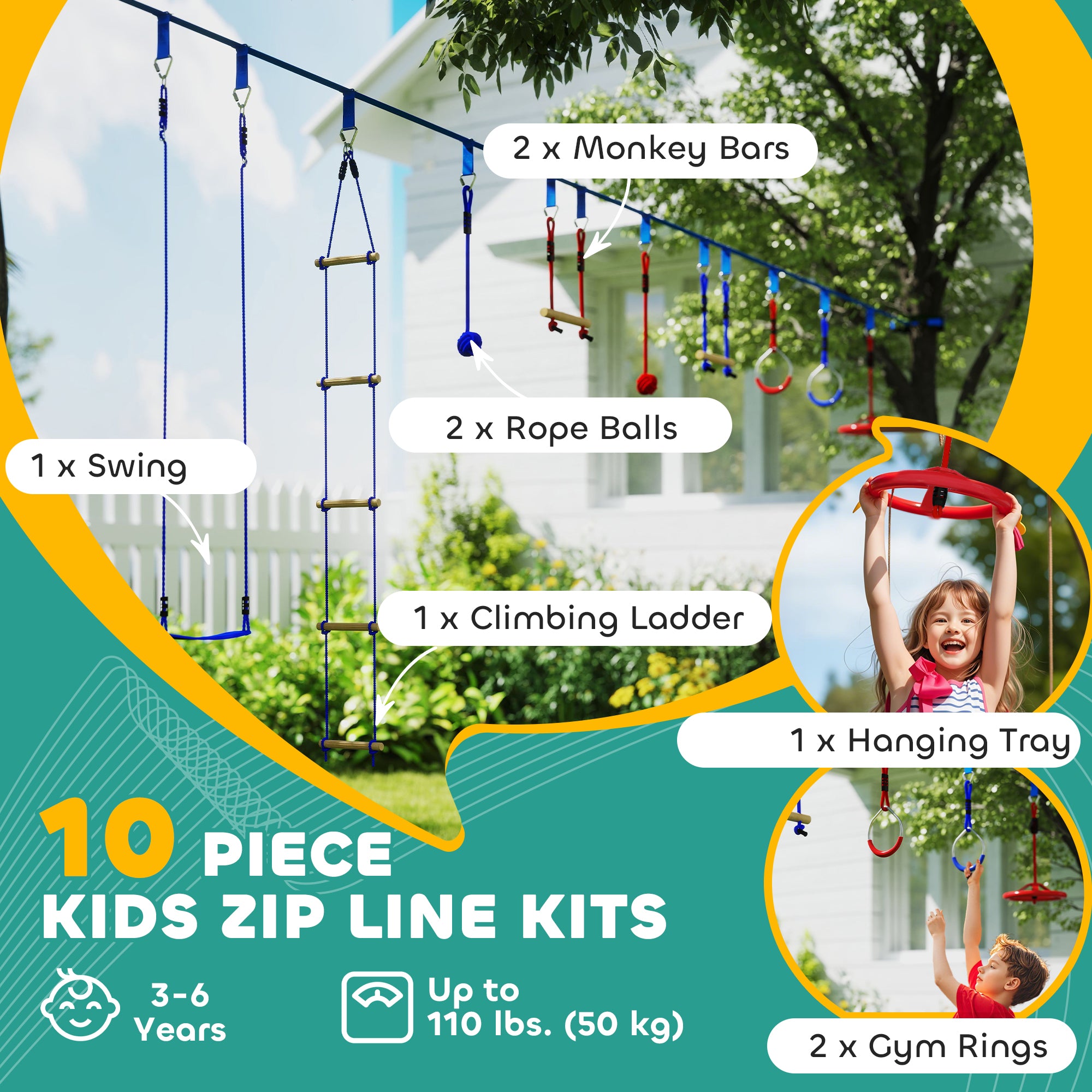 32.8' Ninja Warrior Obstacle Course for Kids 3-6 Years, with Swing, Monkey Bars, Climbing Ladder, Gym Rings, Blue Gym Sets & Swings at Gallery Canada