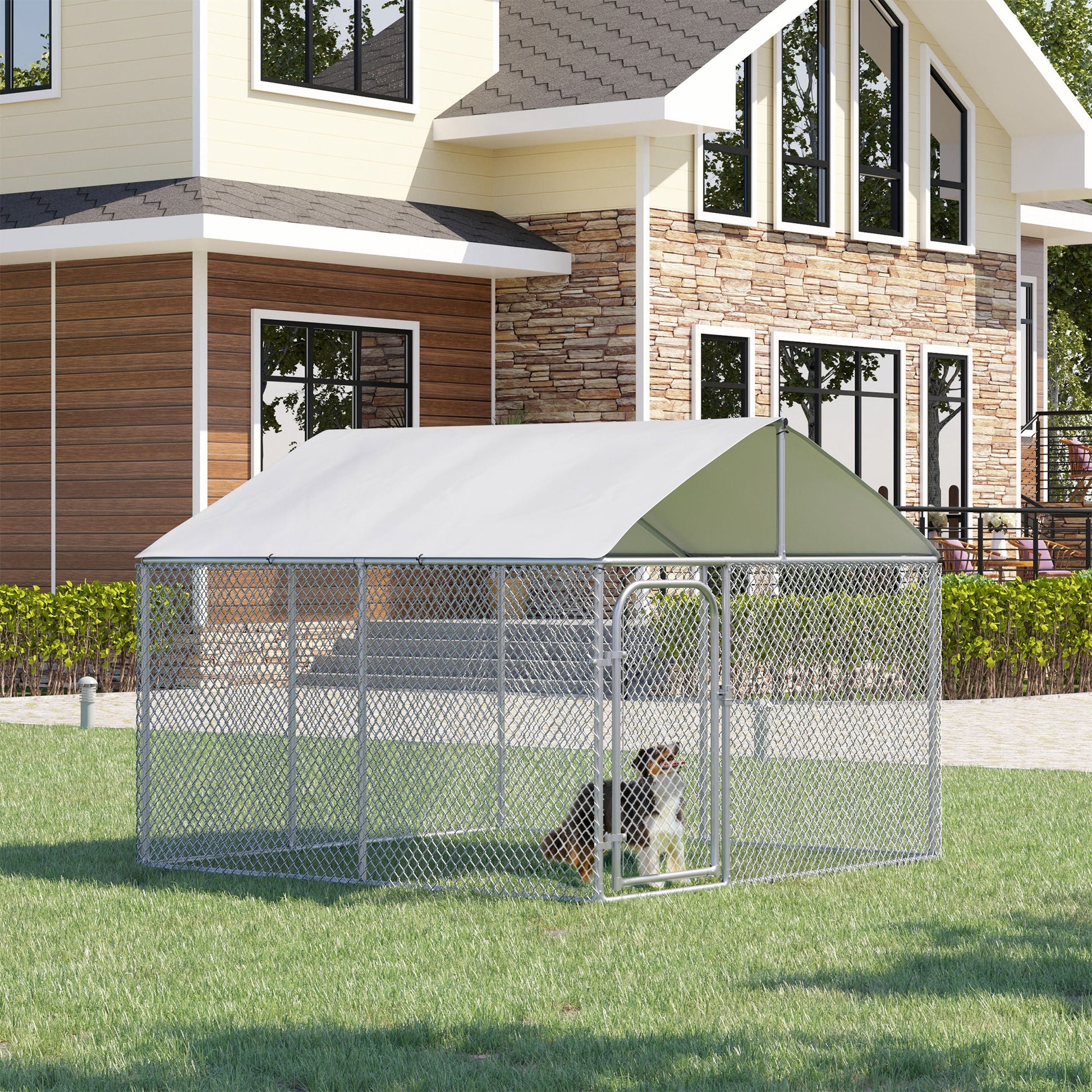 Dog Kennel Outdoor Run Fence with Roof, Steel Lock, Mesh Sidewalls for Backyard &; Patio, 9.8' x 9.8' x 7.7' Houses, Kennels & Pens   at Gallery Canada