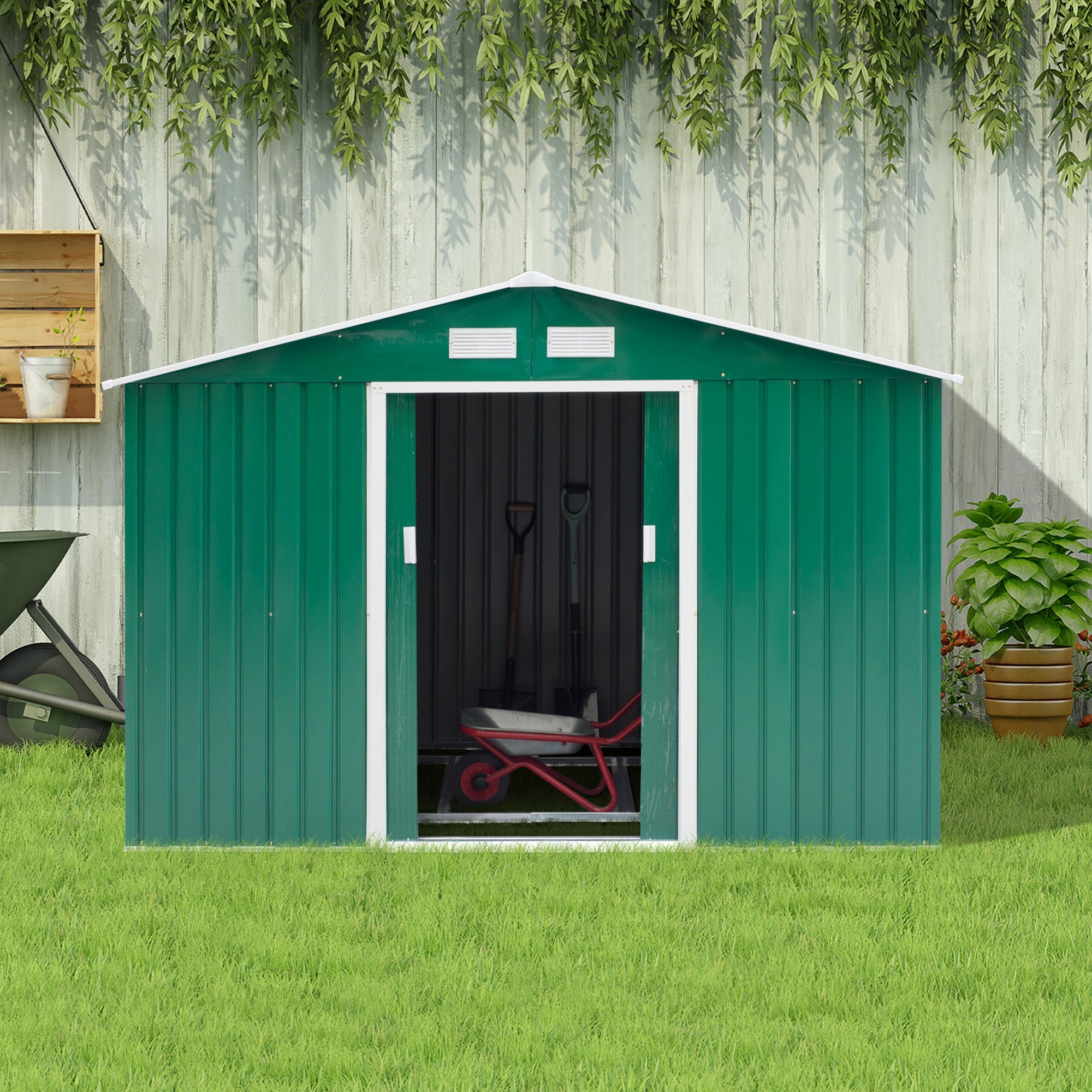 9.1' x 6.4' x 6.3' Garden Storage Shed w/Floor Foundation Outdoor Patio Yard Metal Tool Storage House w/ Double Doors Green Sheds   at Gallery Canada