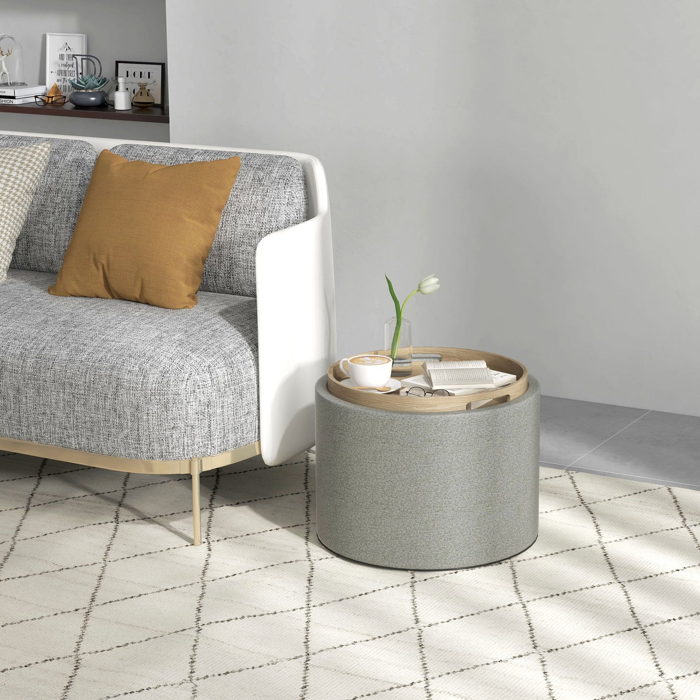 Round Coffee Table, End Table with Hidden Storage and Tray Top, Linen Upholstered Footrest for Living Room Coffee Tables   at Gallery Canada