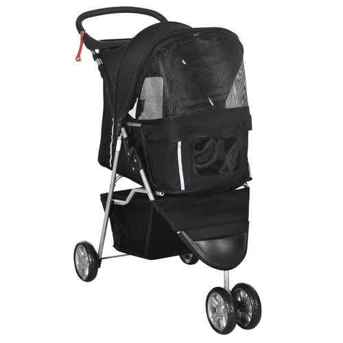 3 Wheels Foldable Dog Stroller with Storage Basket, Adjustable Canopy, Cupholder for Miniature and Small Dogs, Black