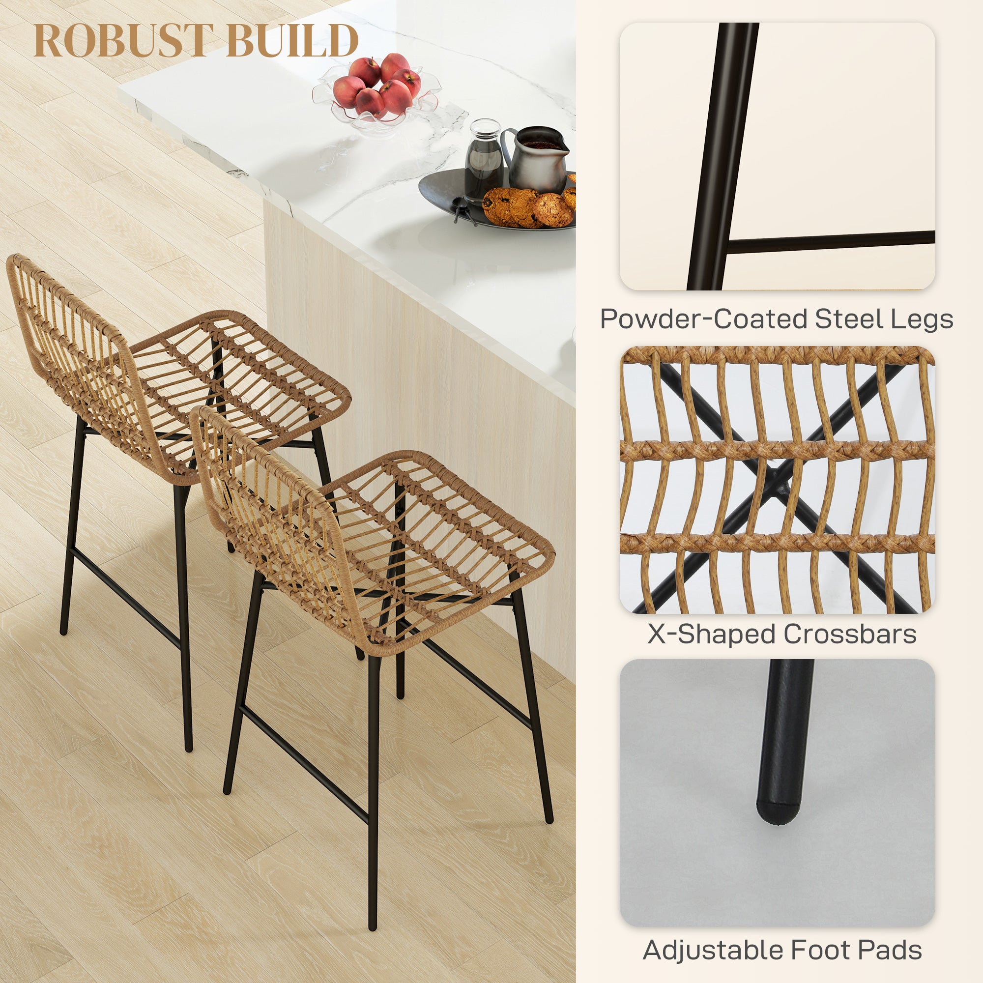 Rattan Counter Height Bar Stools Set of 2, 26