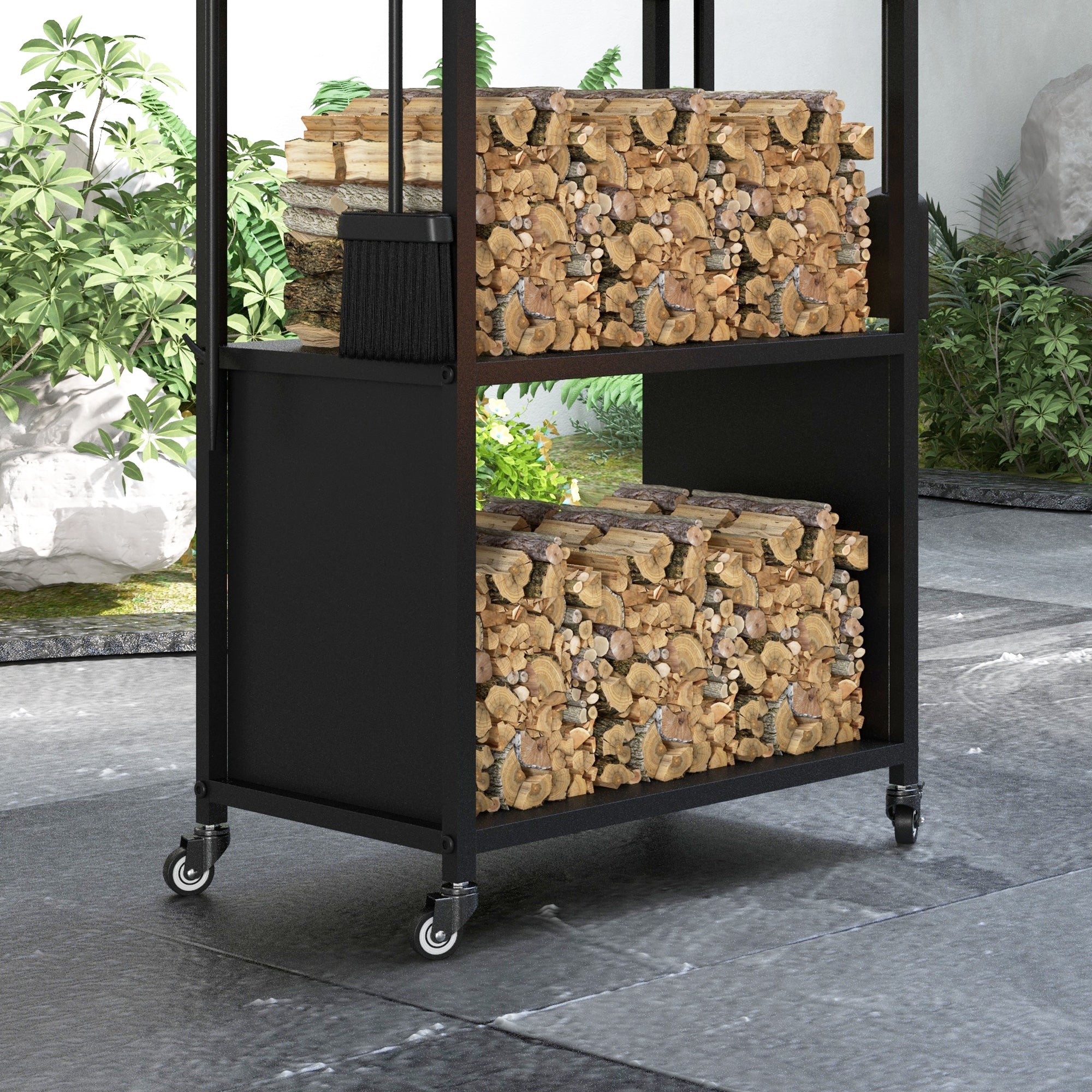 4-Tier Outdoor Indoor Firewood Rack with Wheels and 4 Tools, Powder-Coated Steel Wood Storage Rack Log Holder Firewood Racks at Gallery Canada